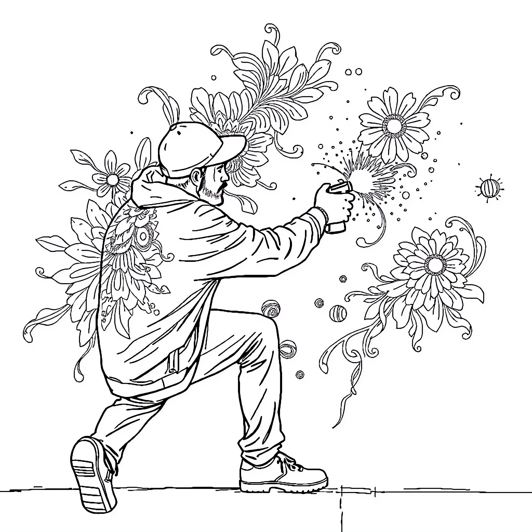 Man dancing amidst colorful floral patterns Coloring Page (free black-and-white line drawing printable PDF for all, from beginners to advanced learners, including children, teens, adults, and seniors)