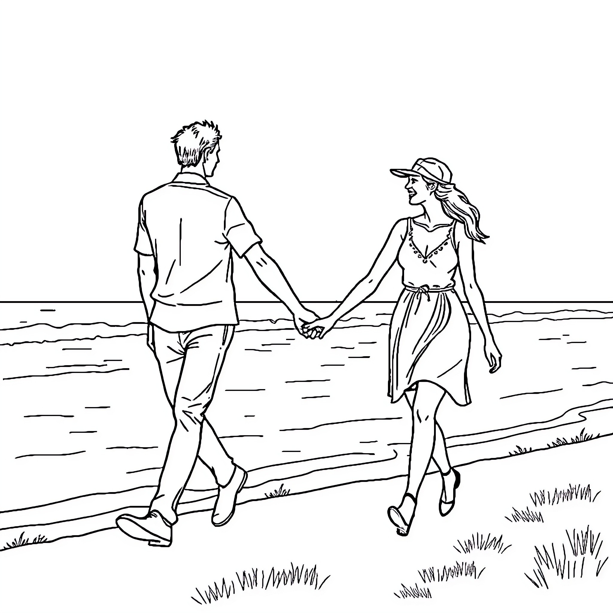 Couple walking hand-in-hand on the beach Coloring Page (free black-and-white line drawing printable PDF for all, from beginners to advanced learners, including children, teens, adults, and seniors)
