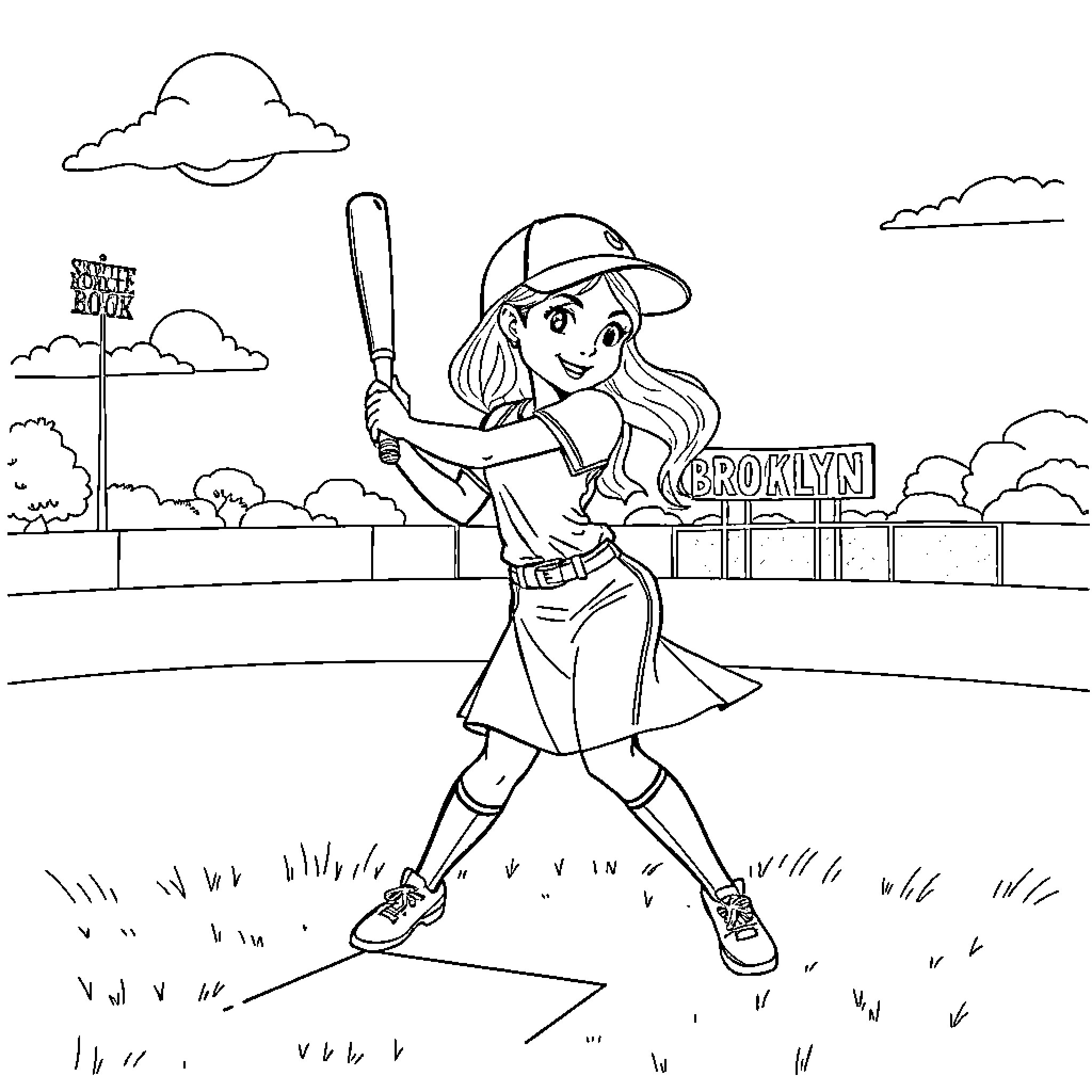 Belle Enjoying a Game of Baseball Coloring Page (free black-and-white line drawing printable PDF for all, from beginners to advanced learners, including children, teens, adults, and seniors)