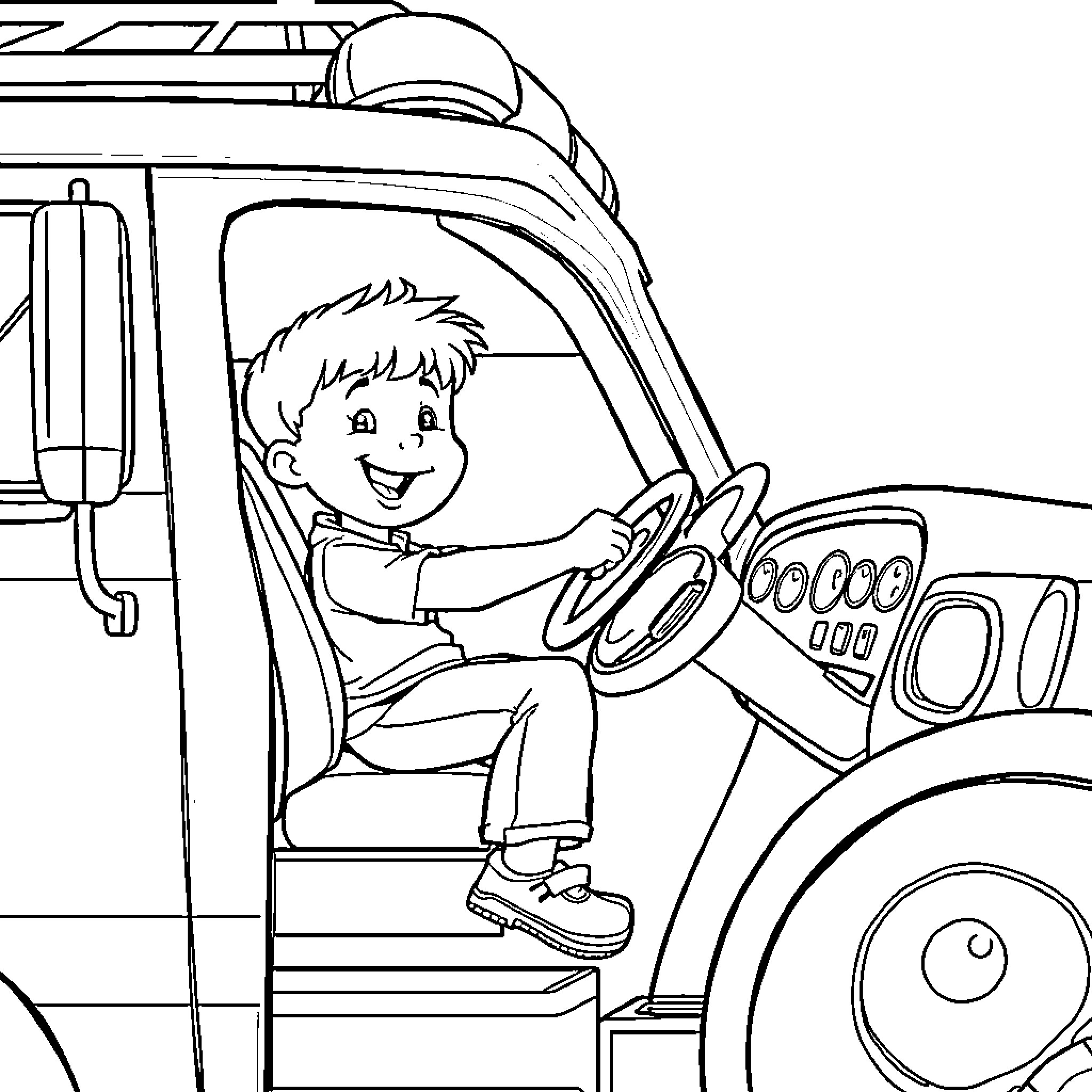 Firetruck driver steering the vehicle happily Coloring Page (free black-and-white line drawing printable PDF for all, from beginners to advanced learners, including children, teens, adults, and seniors)