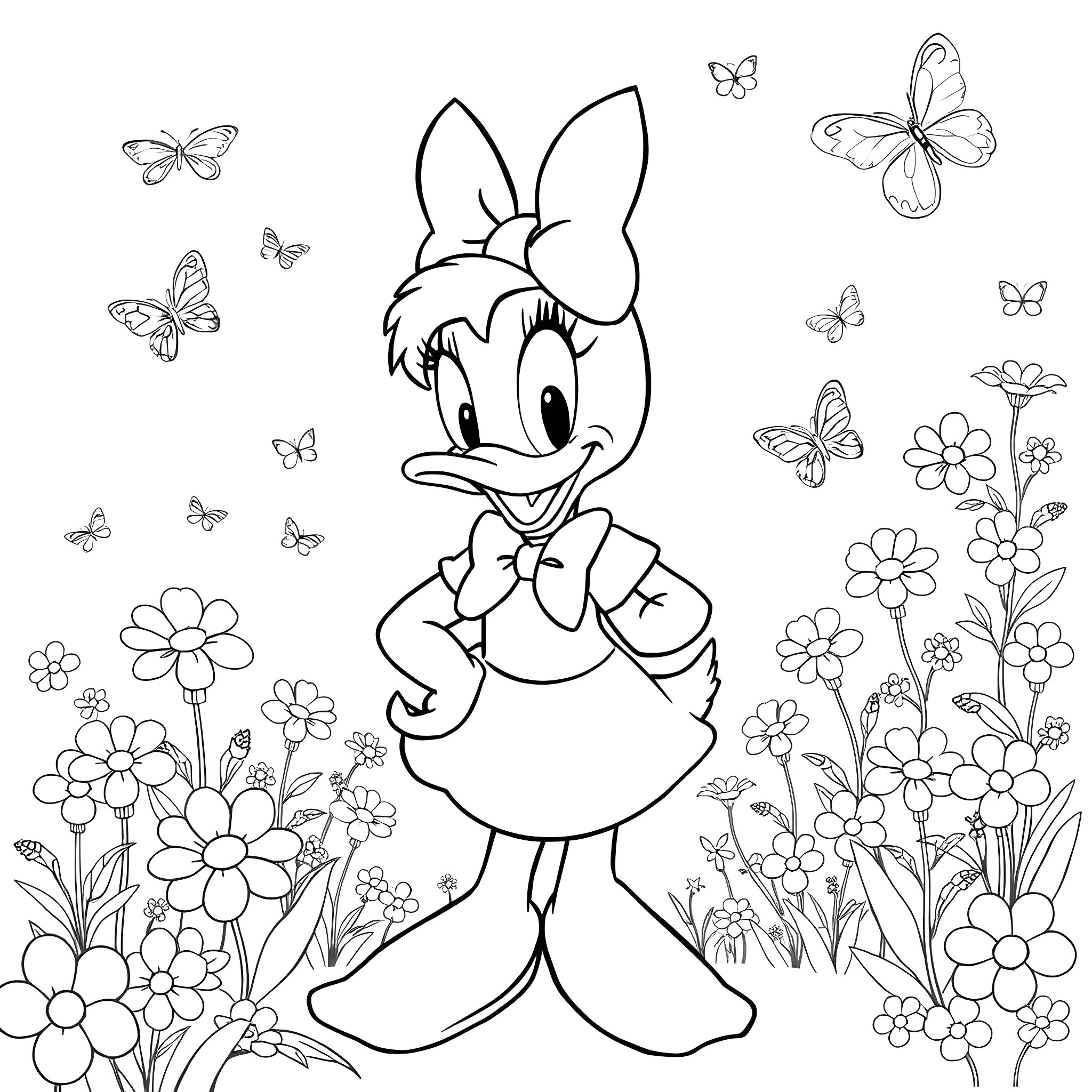 Daisy Duck enjoying a flower garden with butterflies Coloring Page (free black-and-white line drawing printable PDF for all, from beginners to advanced learners, including children, teens, adults, and seniors)