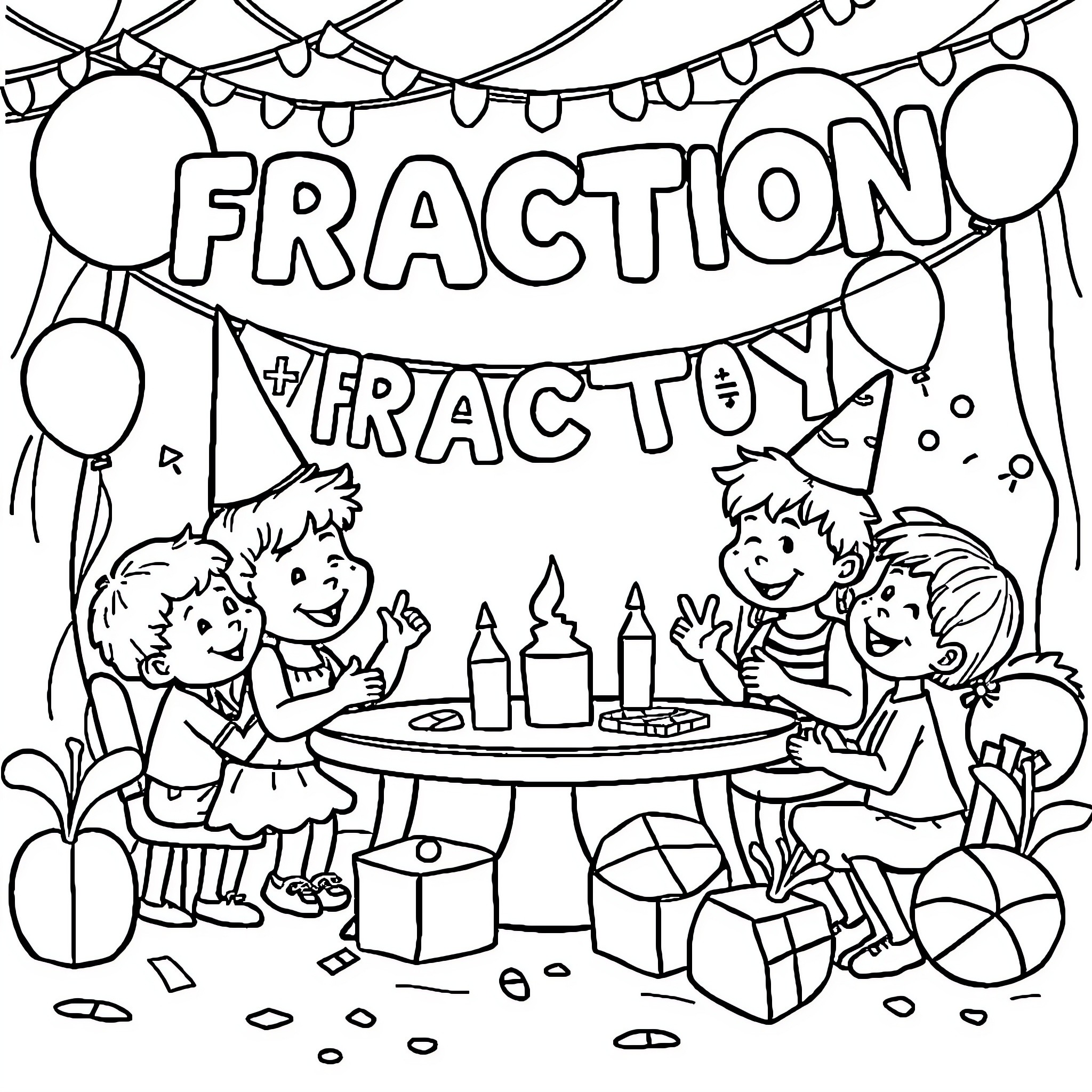 Fraction Celebration with Children Coloring Page (free black-and-white line drawing printable PDF for all, from beginners to advanced learners, including children, teens, adults, and seniors)