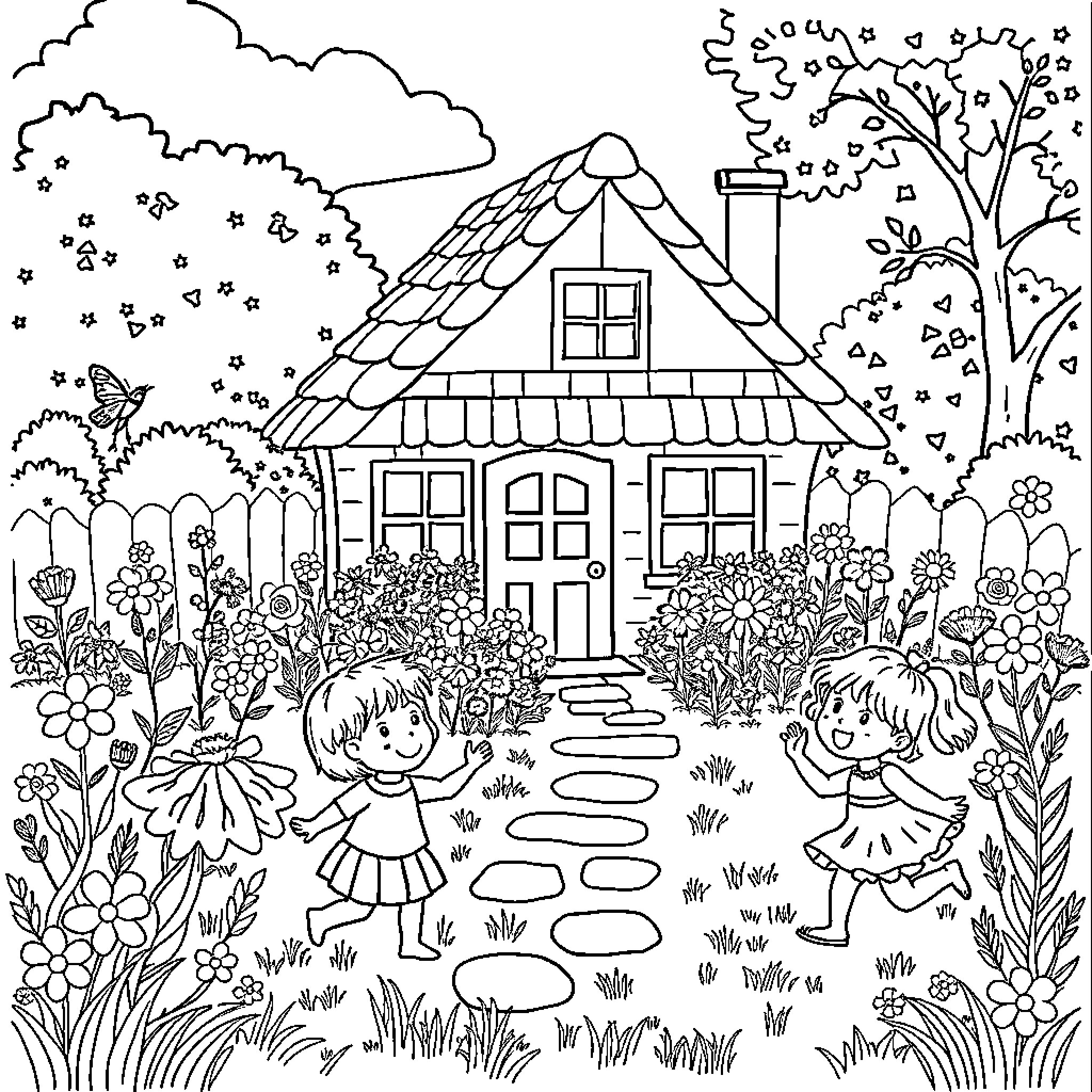 House with Children Playing in a Floral Garden Coloring Page (free black-and-white line drawing printable PDF for all, from beginners to advanced learners, including children, teens, adults, and seniors)