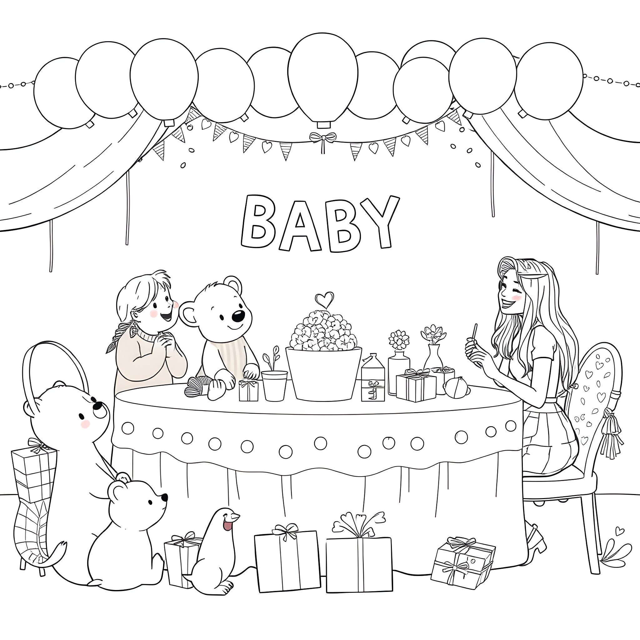 Baby Shower Celebration with Gifts, Decorations, and Guests Coloring Page (free black-and-white line drawing printable PDF for all, from beginners to advanced learners, including children, teens, adults, and seniors)