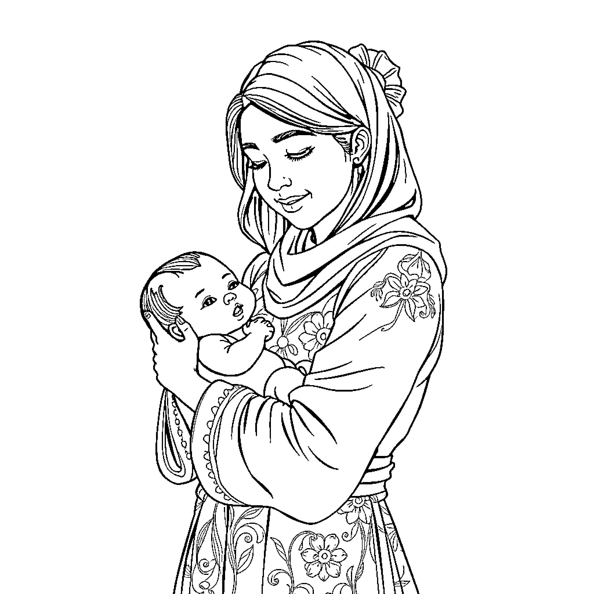 Anya Comforting a Child Coloring Page (free black-and-white line drawing printable PDF for all, from beginners to advanced learners, including children, teens, adults, and seniors)