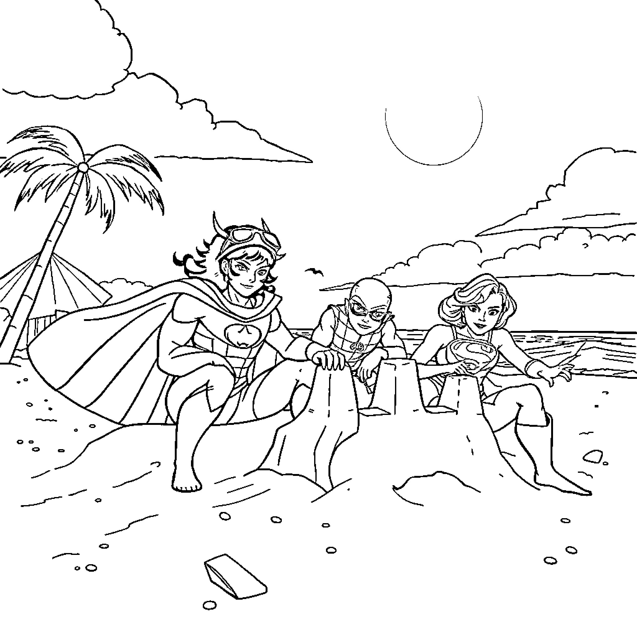 Superhero Friends Relaxing on the Beach Coloring Page (free black-and-white line drawing printable PDF for all, from beginners to advanced learners, including children, teens, adults, and seniors)