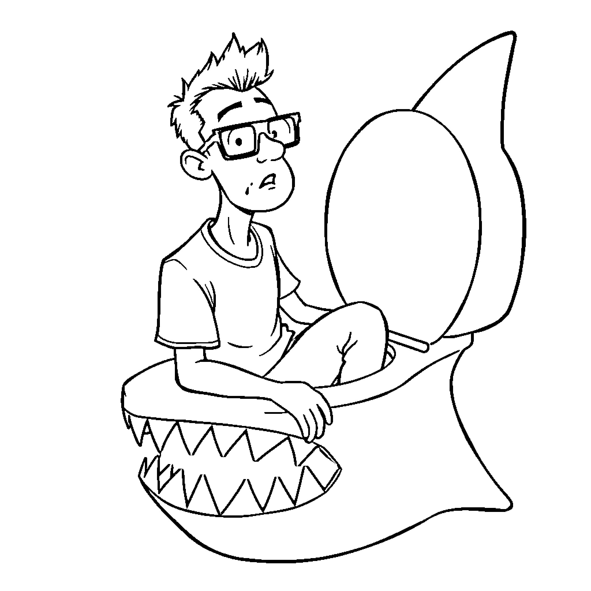 Man sitting on a giant shark Coloring Page (free black-and-white line drawing printable PDF for all, from beginners to advanced learners, including children, teens, adults, and seniors)