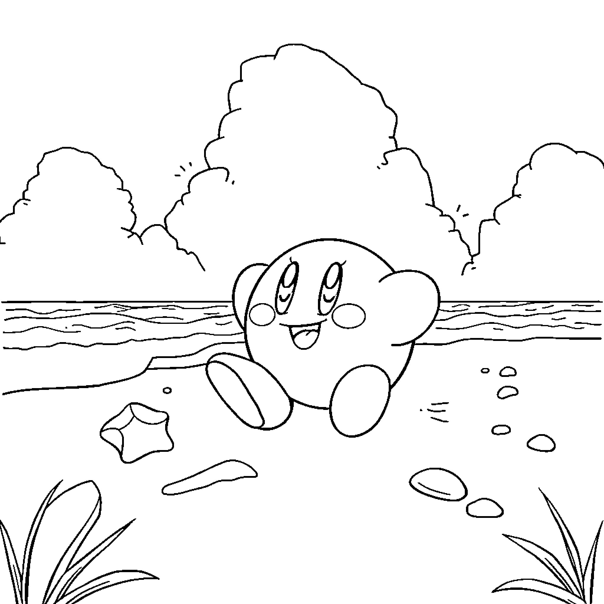 Kirby's Relaxing Beach Adventure Coloring Page (free black-and-white line drawing printable PDF for all, from beginners to advanced learners, including children, teens, adults, and seniors)