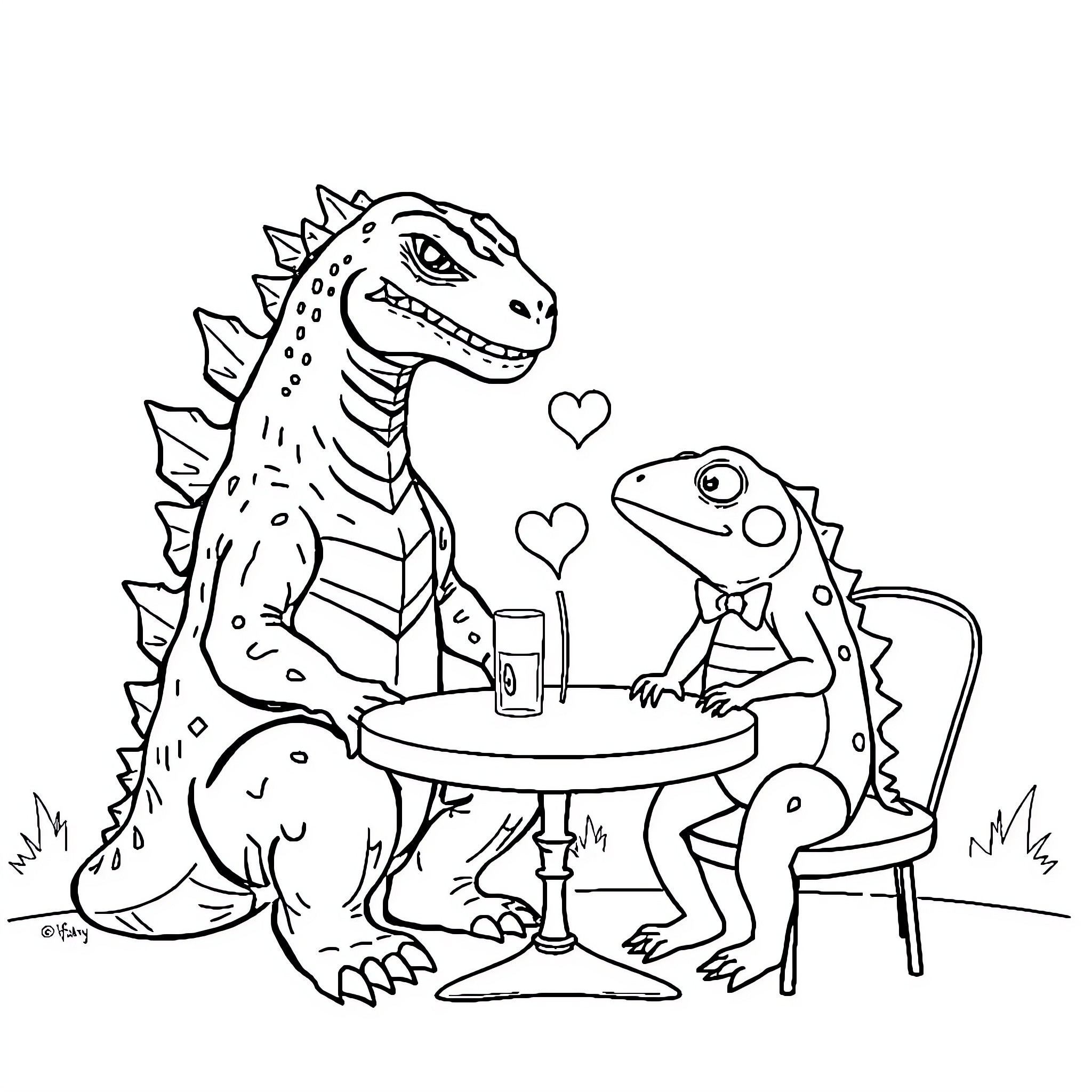 Godzilla and friends having a friendly tea party Coloring Page (free black-and-white line drawing printable PDF for all, from beginners to advanced learners, including children, teens, adults, and seniors)
