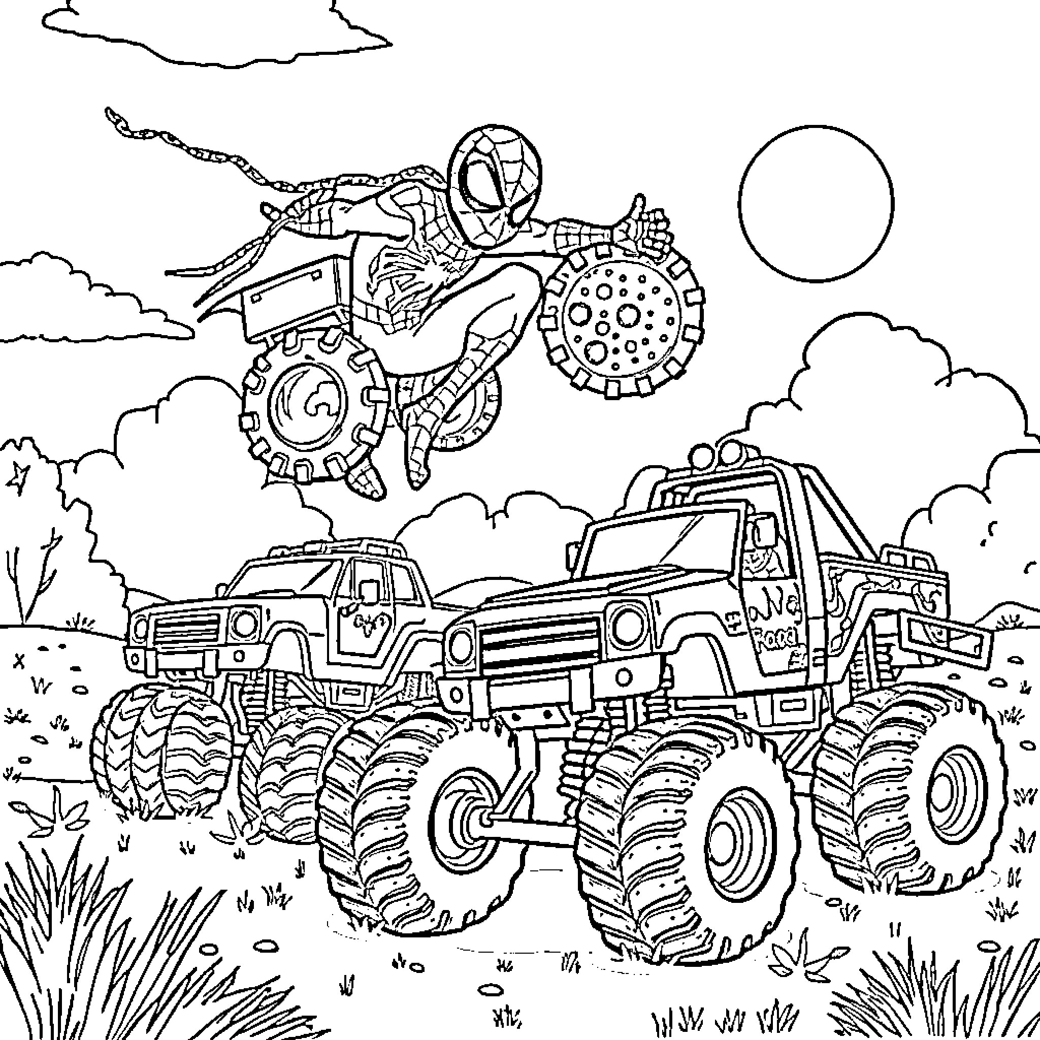Spiderman swinging over a monster truck in action-packed scene Coloring Page (free black-and-white line drawing printable PDF for all, from beginners to advanced learners, including children, teens, adults, and seniors)