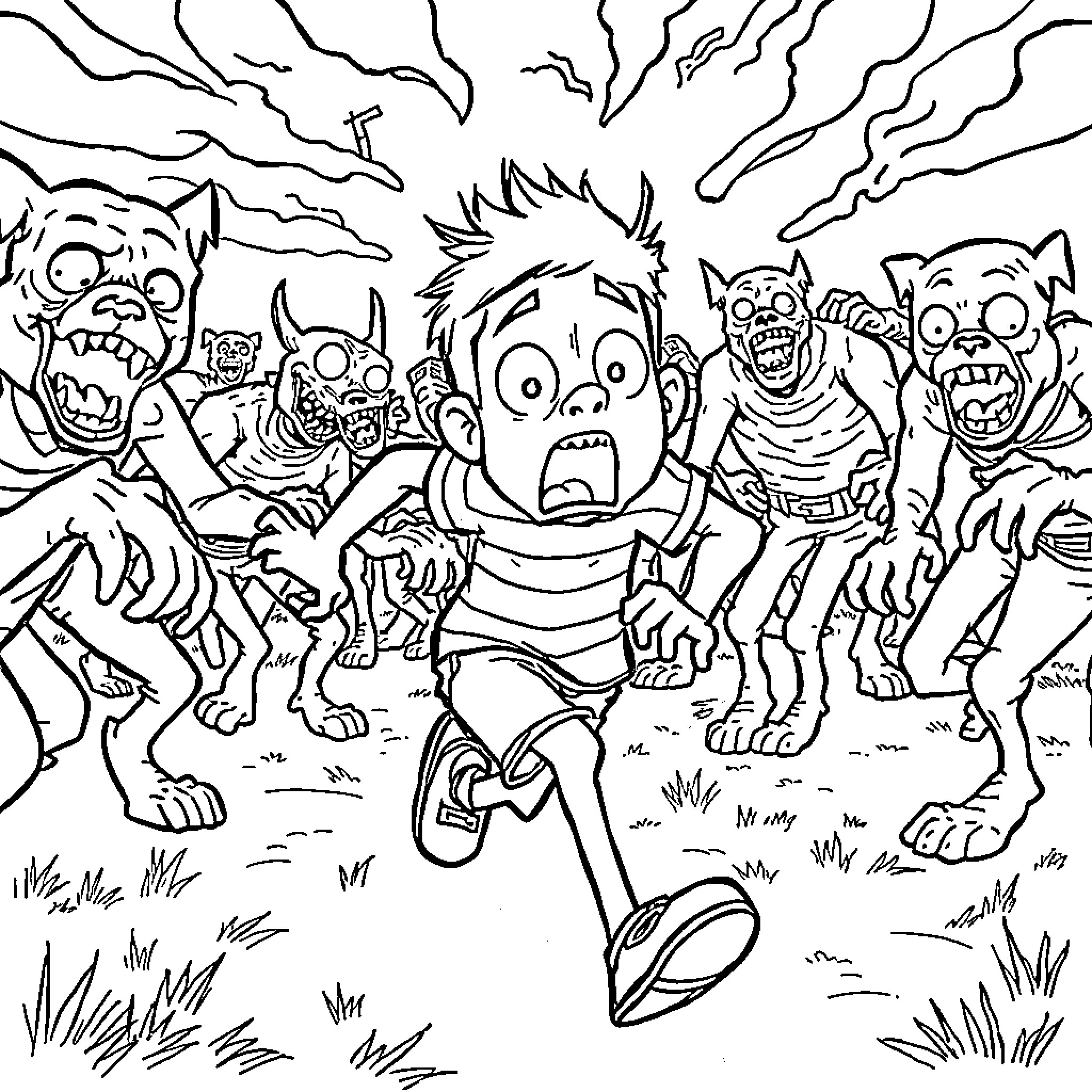 Dog running from a group of scary monsters Coloring Page (free black-and-white line drawing printable PDF for all, from beginners to advanced learners, including children, teens, adults, and seniors)