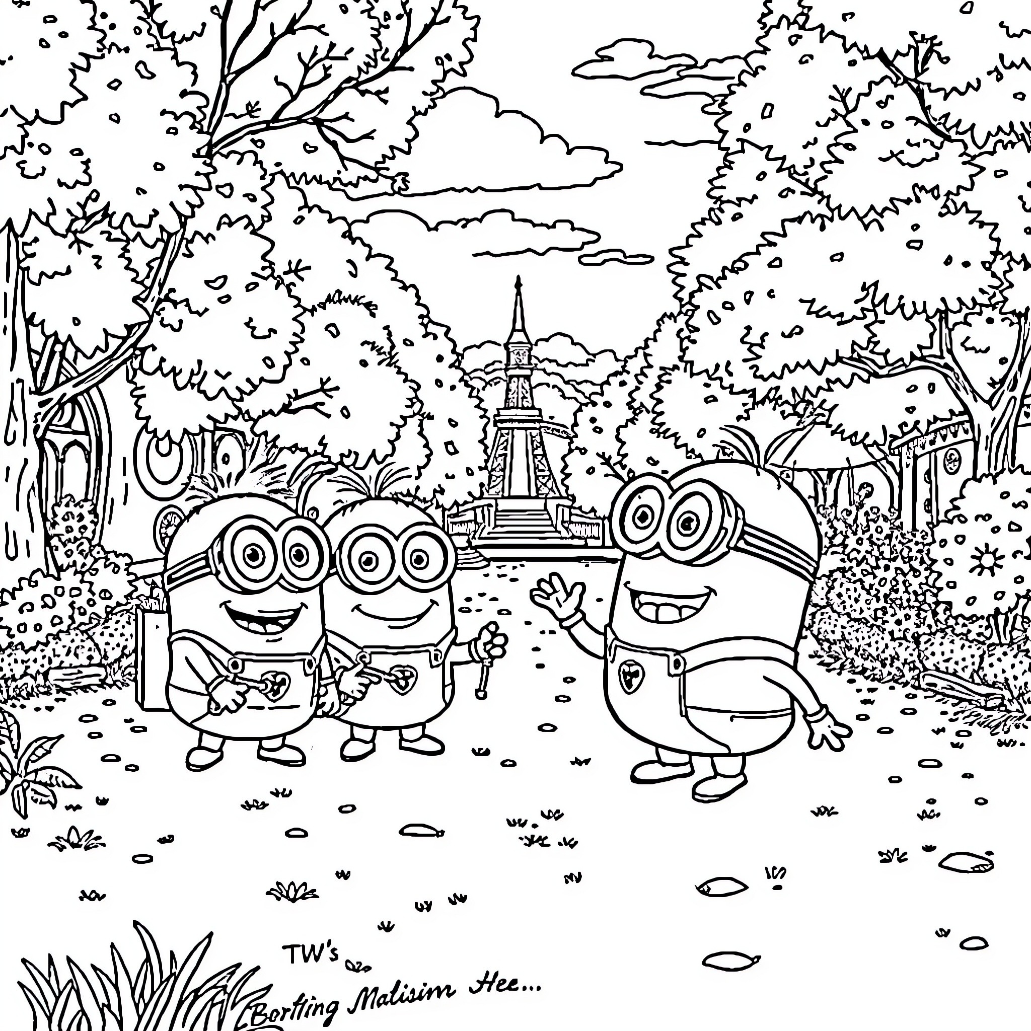 Minions Exploring the Enchanted Forest Coloring Page (free black-and-white line drawing printable PDF for all, from beginners to advanced learners, including children, teens, adults, and seniors)