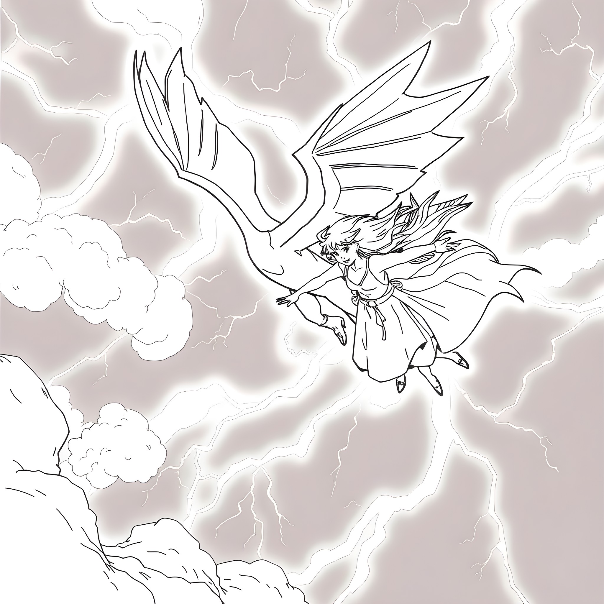 Tairn's Heroic Flight through Stormy Skies Coloring Page (free black-and-white line drawing printable PDF for all, from beginners to advanced learners, including children, teens, adults, and seniors)