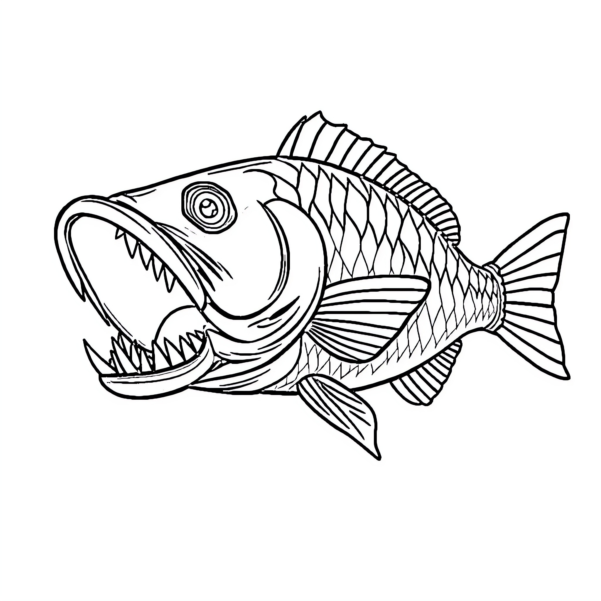 Fish with Fierce Expression and Distinctive Fins Coloring Page (free black-and-white line drawing printable PDF for all, from beginners to advanced learners, including children, teens, adults, and seniors)