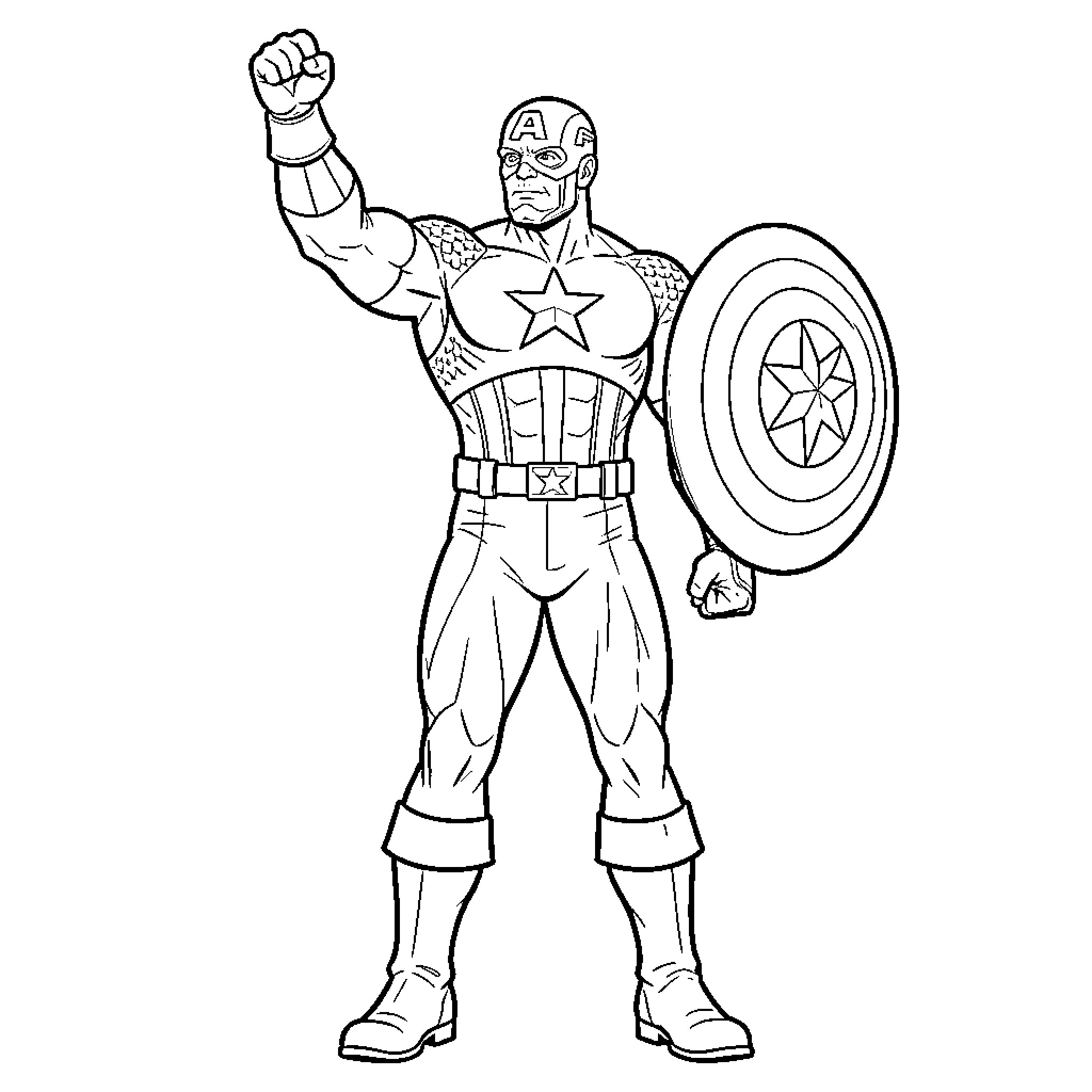Captain America in heroic pose with shield Coloring Page (free black-and-white line drawing printable PDF for all, from beginners to advanced learners, including children, teens, adults, and seniors)