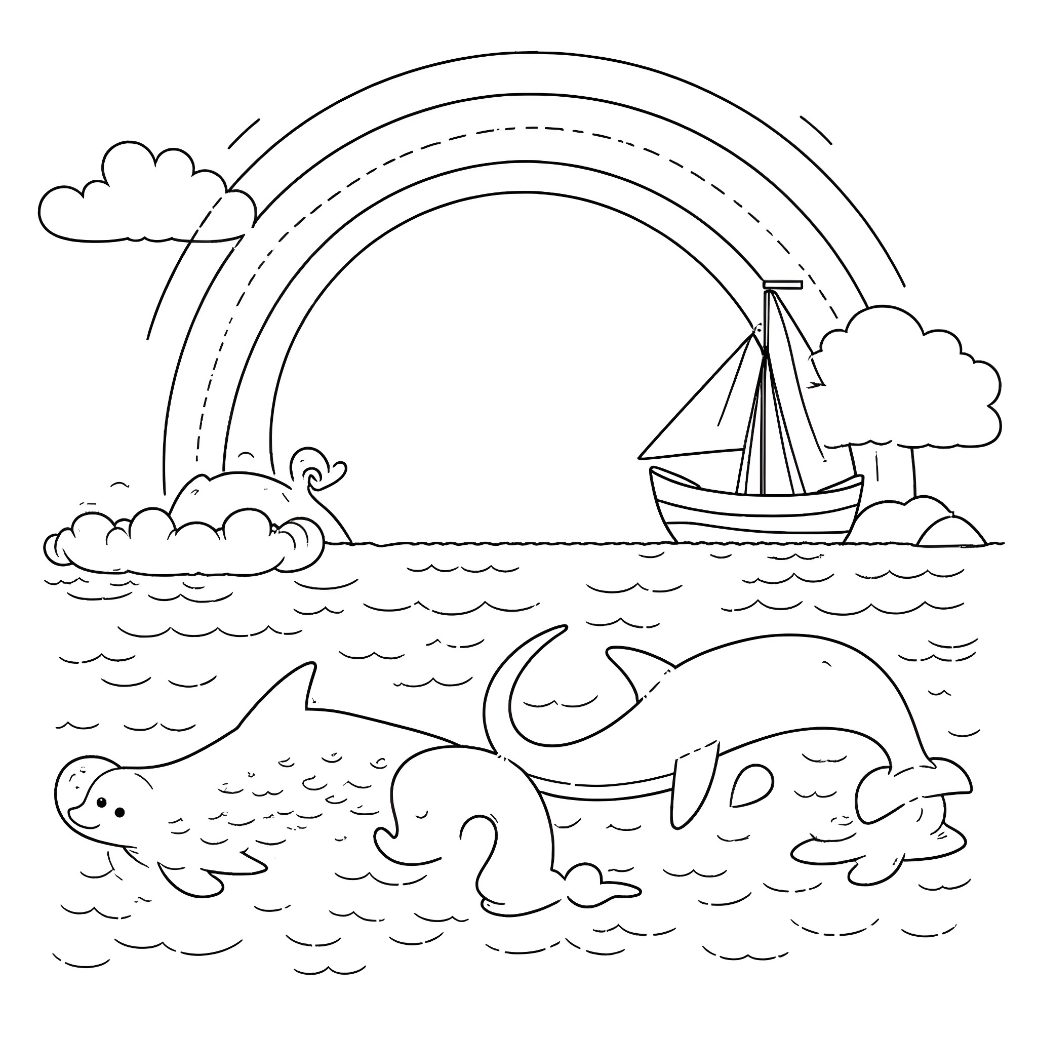 Dolphin swimming in the ocean under a rainbow Coloring Page (free black-and-white line drawing printable PDF for all, from beginners to advanced learners, including children, teens, adults, and seniors)