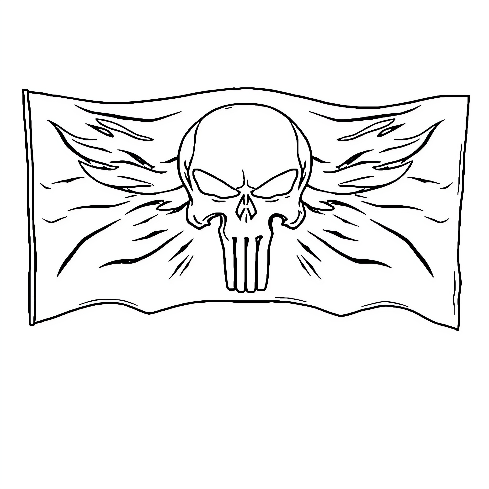 Punisher flag with skull and wings symbol Coloring Page (free black-and-white line drawing printable PDF for all, from beginners to advanced learners, including children, teens, adults, and seniors)
