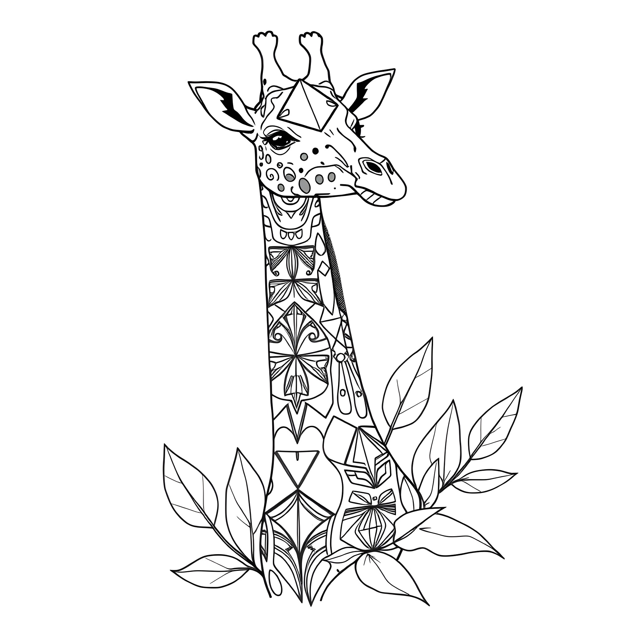 Giraffe with ornate pattern and floral elements Coloring Page (free black-and-white line drawing printable PDF for all, from beginners to advanced learners, including children, teens, adults, and seniors)
