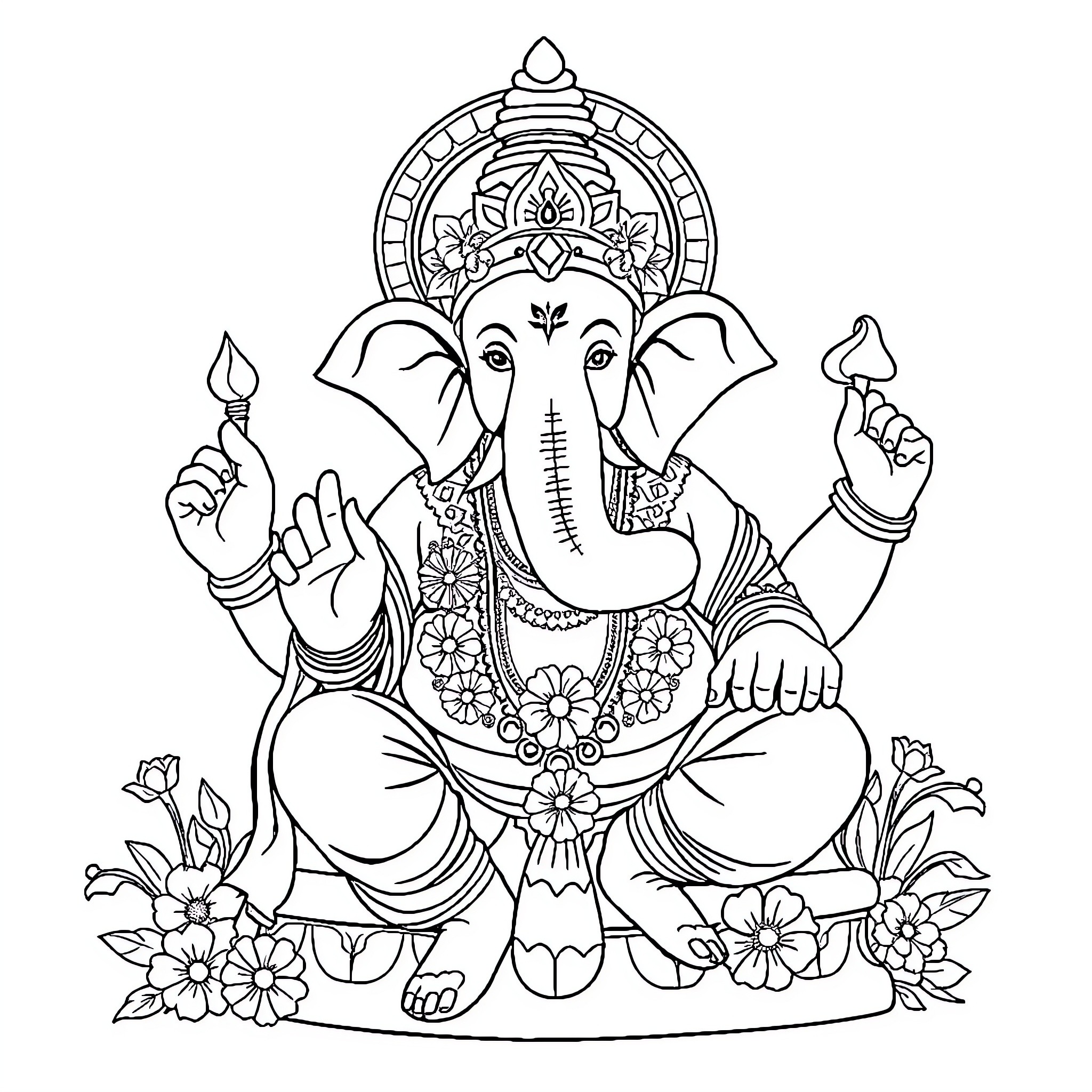 Ganpati the Elephant-Headed Hindu Deity in Ceremonial Attire Coloring Page (free black-and-white line drawing printable PDF for all, from beginners to advanced learners, including children, teens, adults, and seniors)
