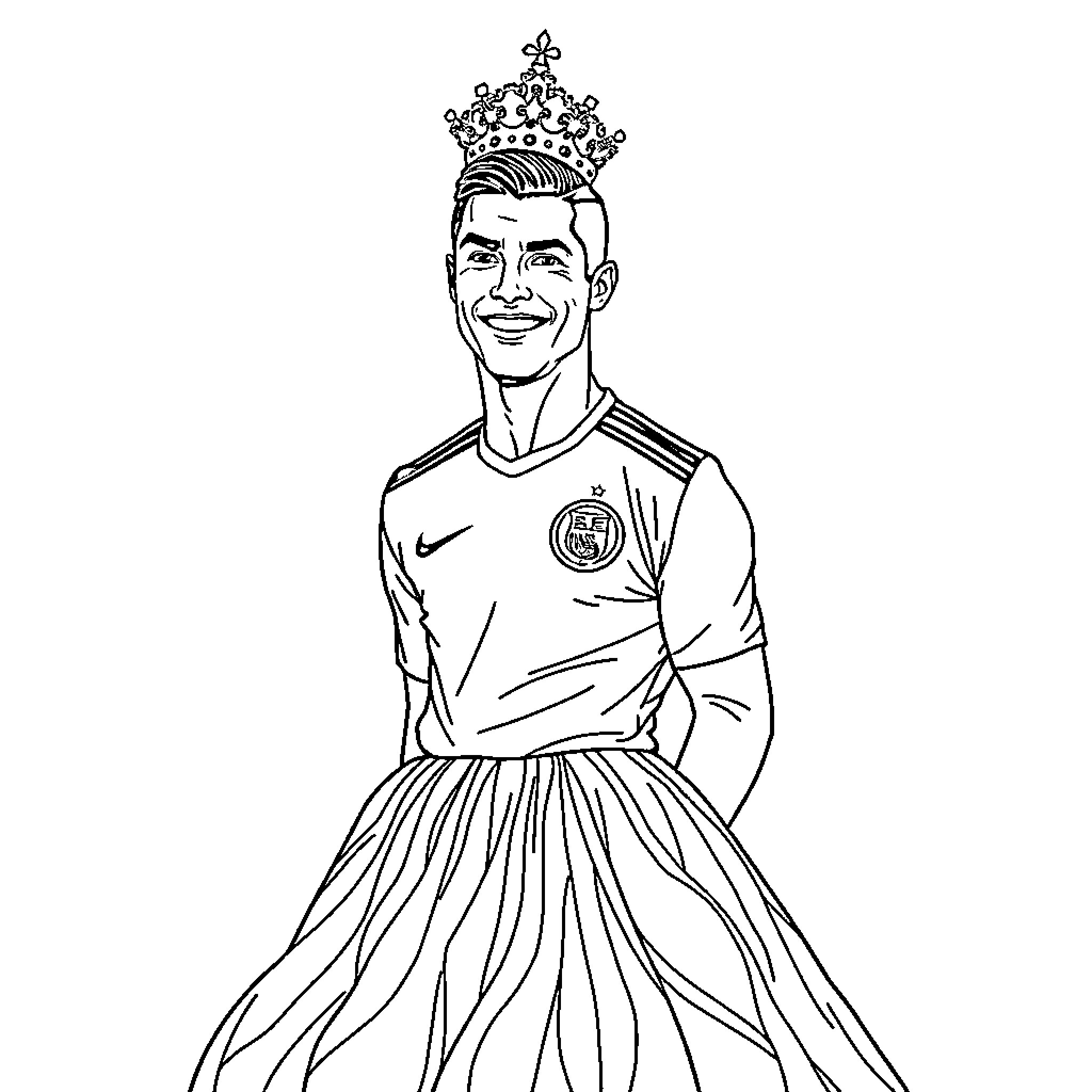 Cristiano Ronaldo in royal attire Coloring Page (free black-and-white line drawing printable PDF for all, from beginners to advanced learners, including children, teens, adults, and seniors)
