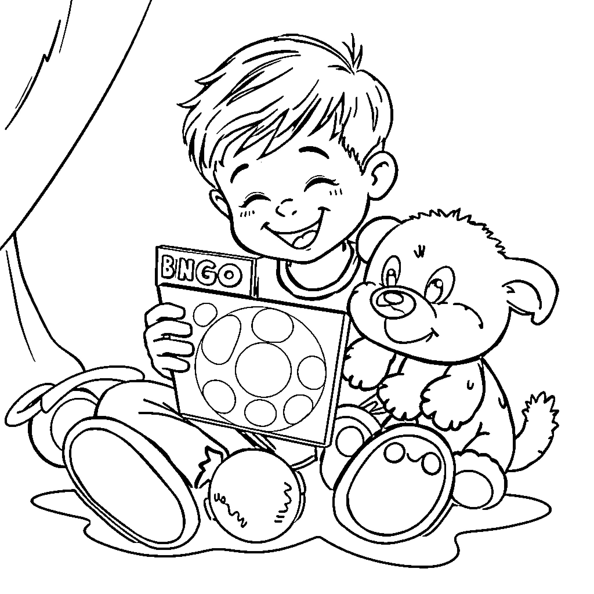 Boy Playing Bingo with Stuffed Animal Friend Coloring Page (free black-and-white line drawing printable PDF for all, from beginners to advanced learners, including children, teens, adults, and seniors)