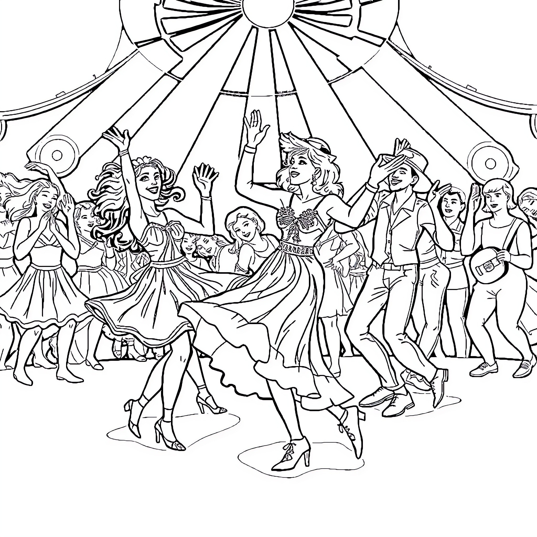 Caca Fun-filled Dancing and Celebration Scene Coloring Page (free black-and-white line drawing printable PDF for all, from beginners to advanced learners, including children, teens, adults, and seniors)