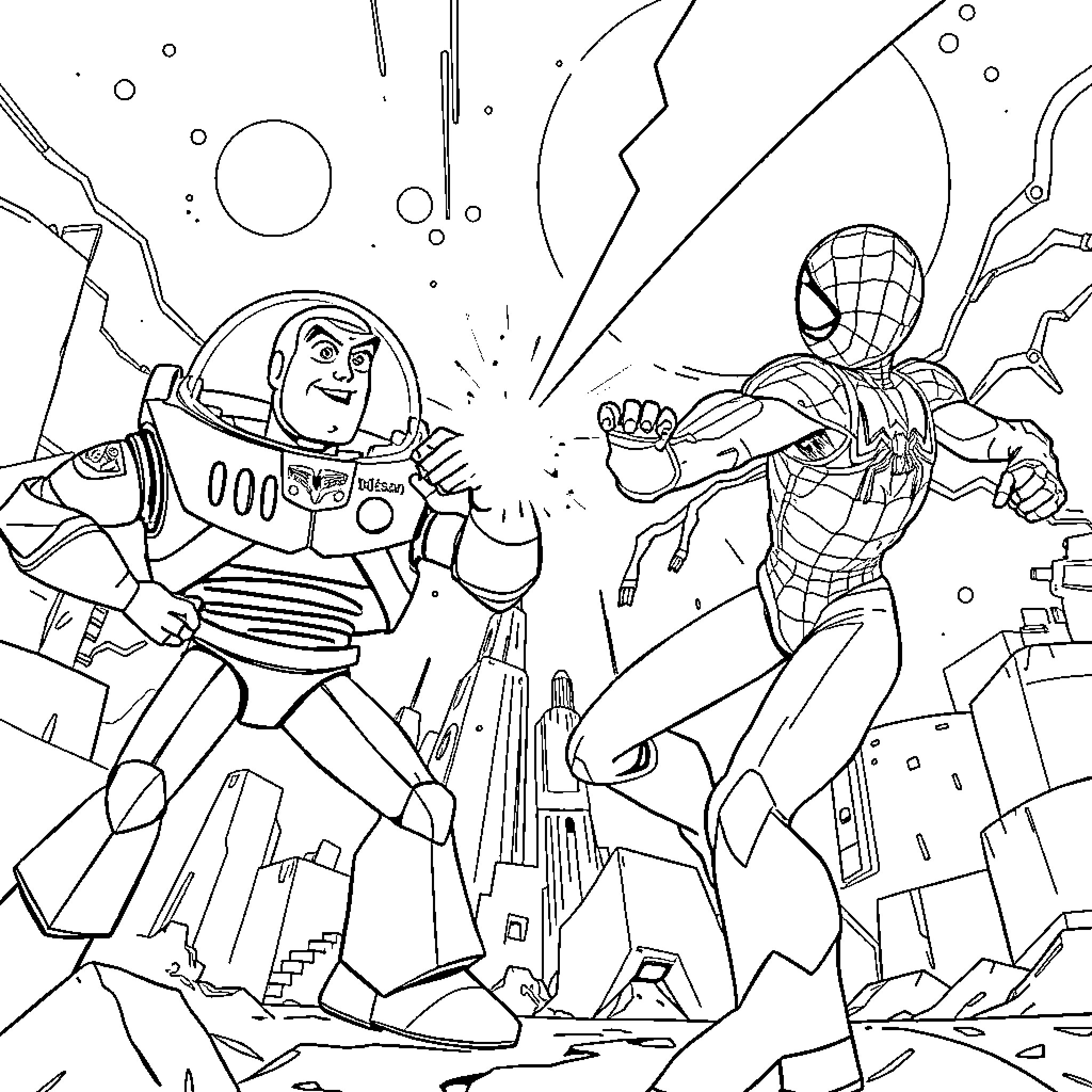 Buzz Lightyear battling Spider-Man in a futuristic city Coloring Page (free black-and-white line drawing printable PDF for all, from beginners to advanced learners, including children, teens, adults, and seniors)
