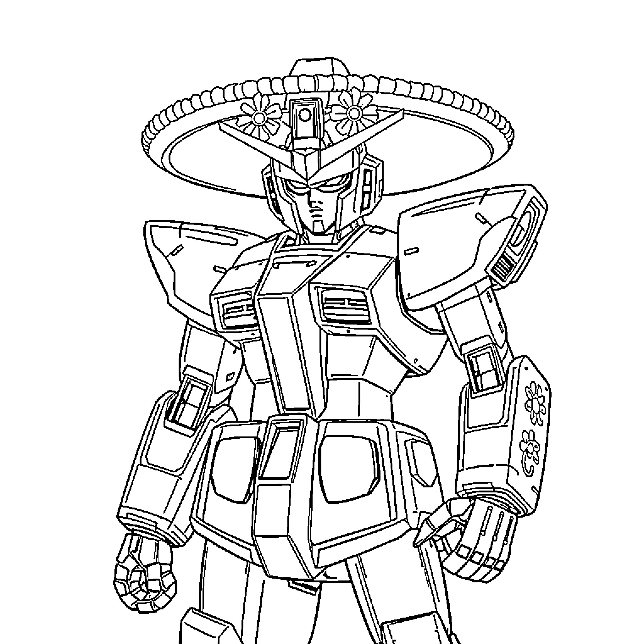 Gundam Mecha in Battle-Ready Pose Coloring Page (free black-and-white line drawing printable PDF for all, from beginners to advanced learners, including children, teens, adults, and seniors)