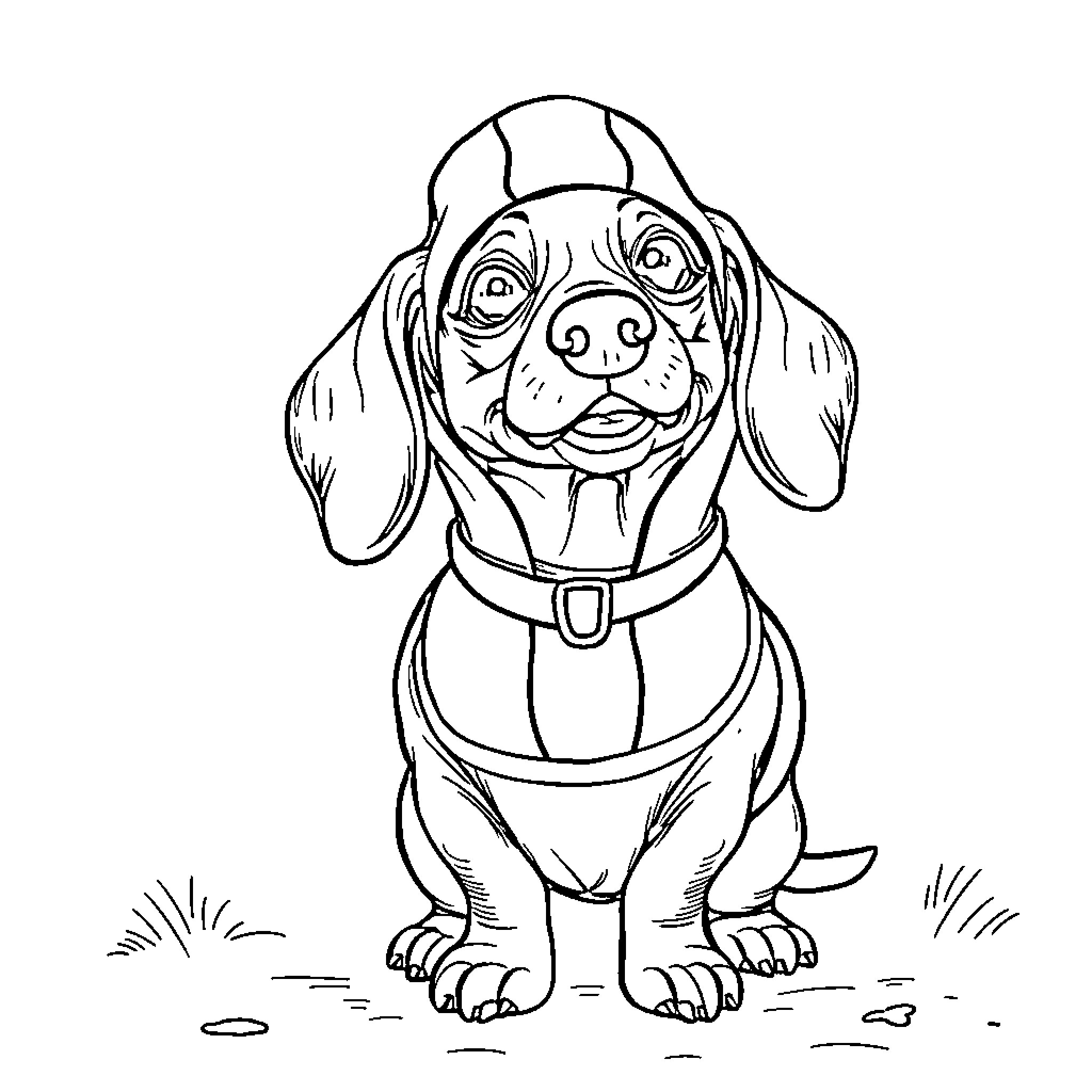 Dachshund sitting happily on the grass Coloring Page (free black-and-white line drawing printable PDF for all, from beginners to advanced learners, including children, teens, adults, and seniors)