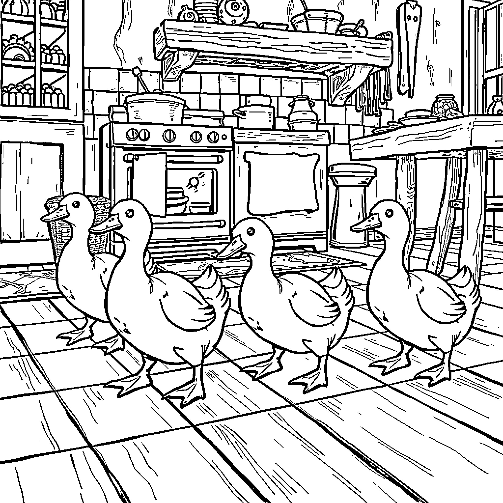 Duck's kitchen adventure with feathered friends Coloring Page (free black-and-white line drawing printable PDF for all, from beginners to advanced learners, including children, teens, adults, and seniors)