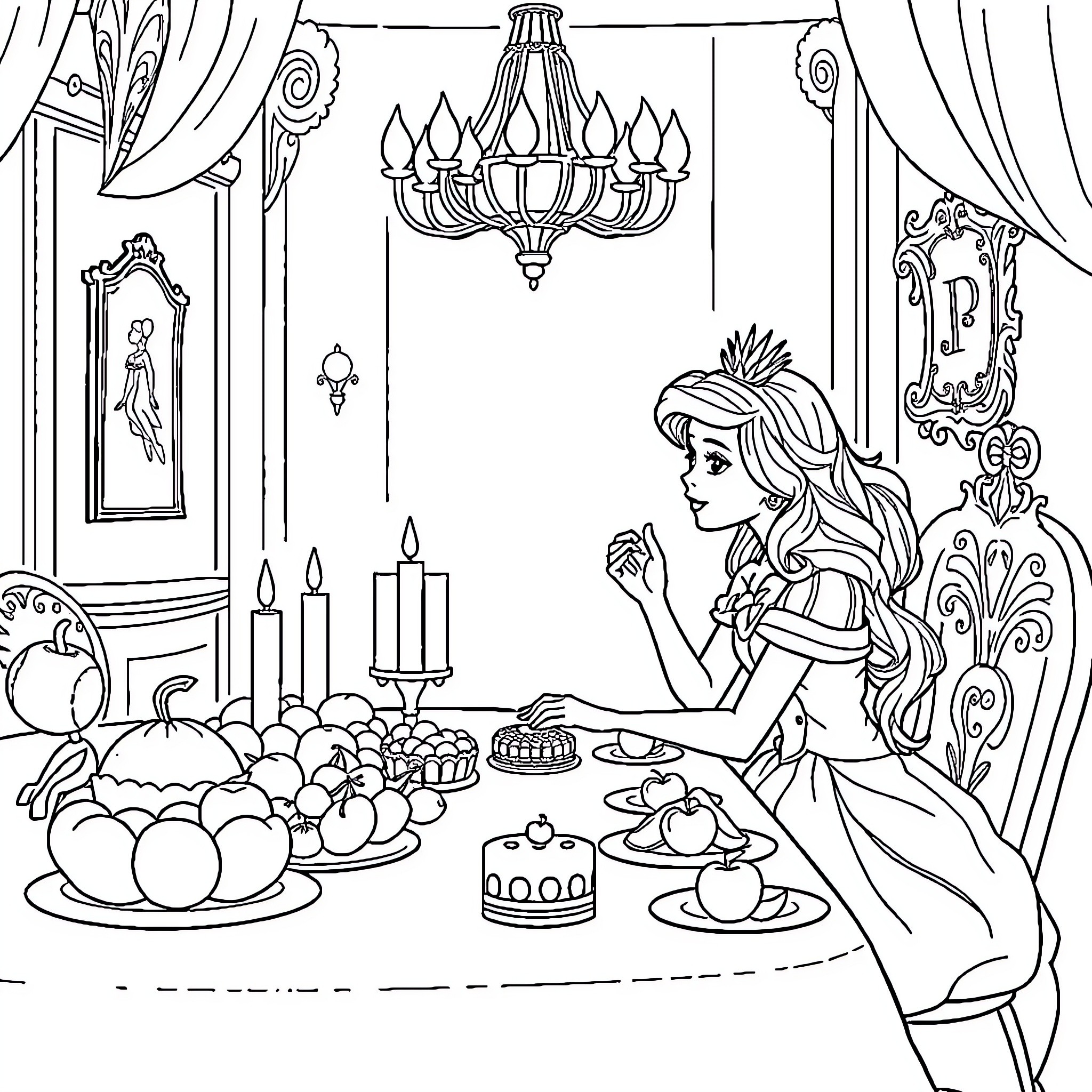 Princess enjoying a lavish feast in the palace Coloring Page (free black-and-white line drawing printable PDF for all, from beginners to advanced learners, including children, teens, adults, and seniors)