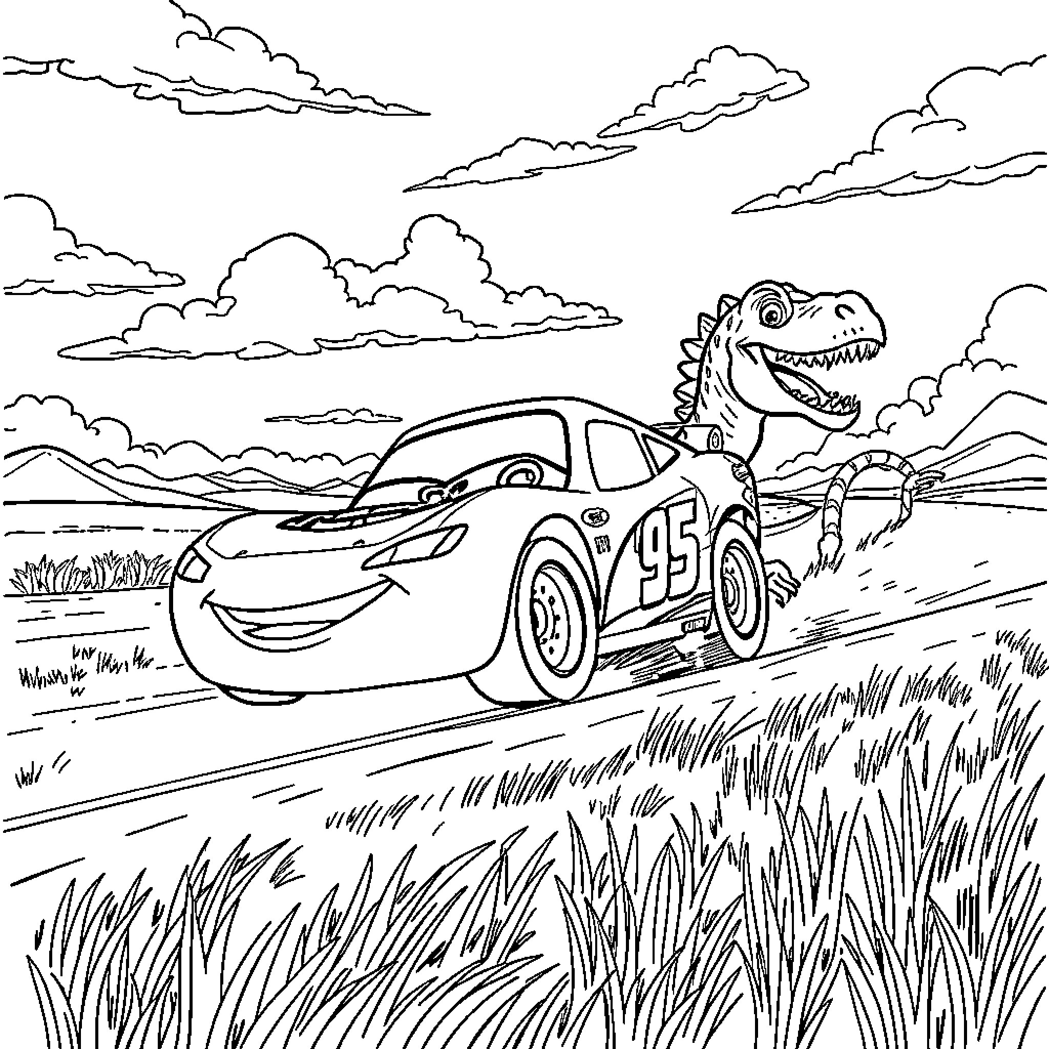 Lightning McQueen races through the wild with dinosaur friend Coloring Page (free black-and-white line drawing printable PDF for all, from beginners to advanced learners, including children, teens, adults, and seniors)