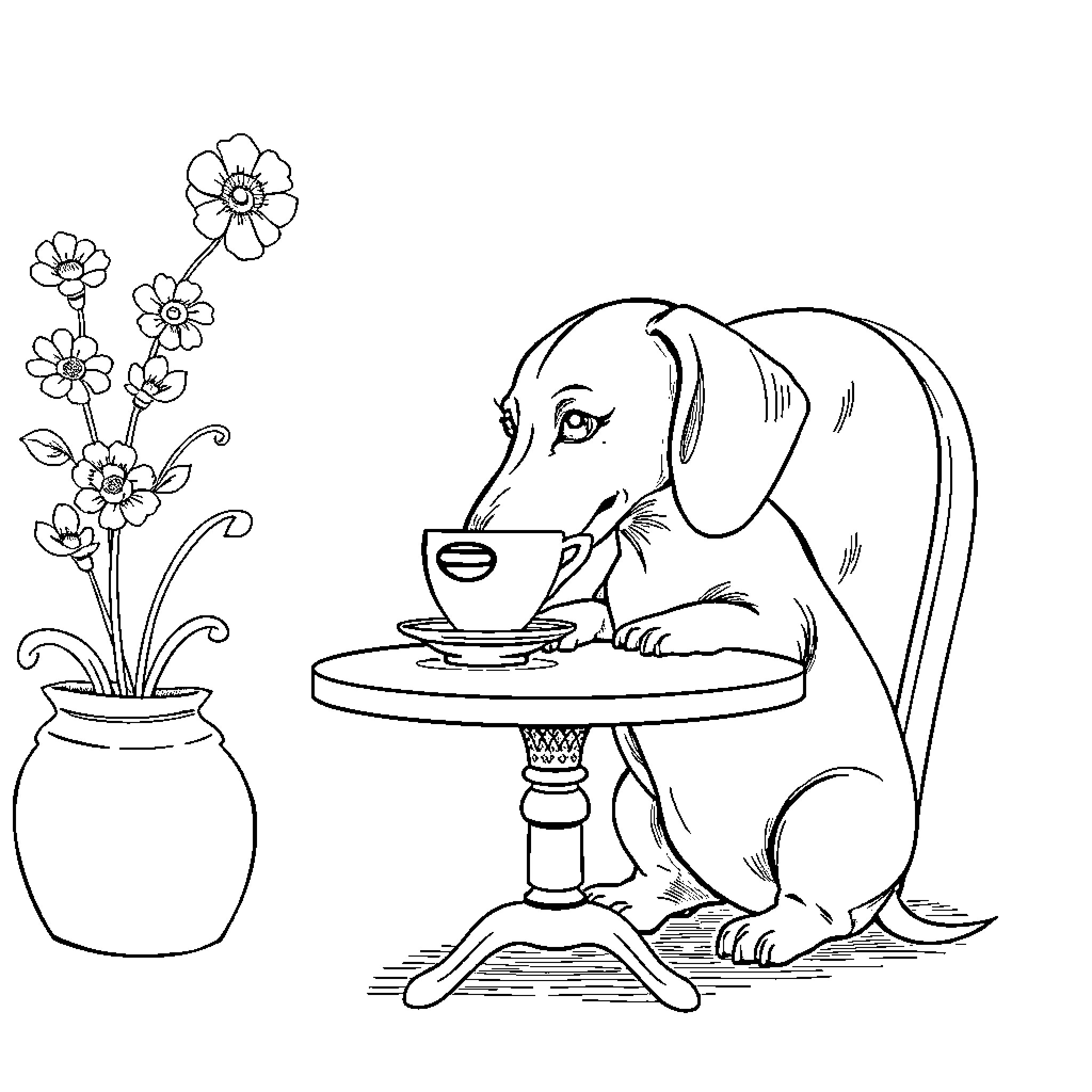 Dachshund enjoying a cup of tea Coloring Page (free black-and-white line drawing printable PDF for all, from beginners to advanced learners, including children, teens, adults, and seniors)