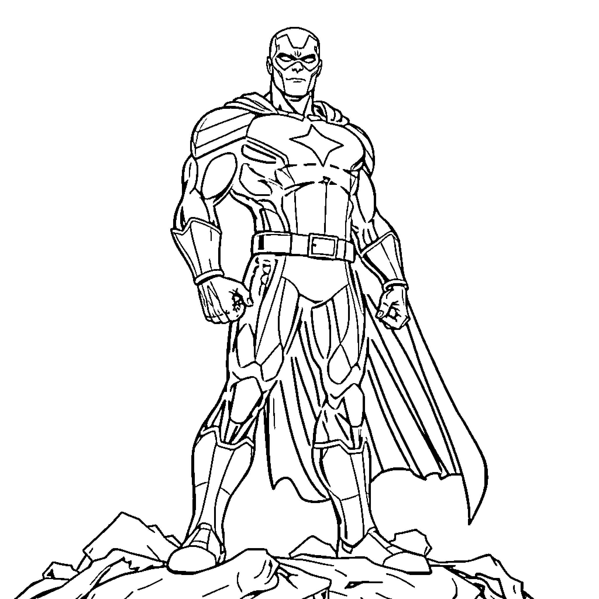 Marvel Superhero in Heroic Stance Coloring Page (free black-and-white line drawing printable PDF for all, from beginners to advanced learners, including children, teens, adults, and seniors)