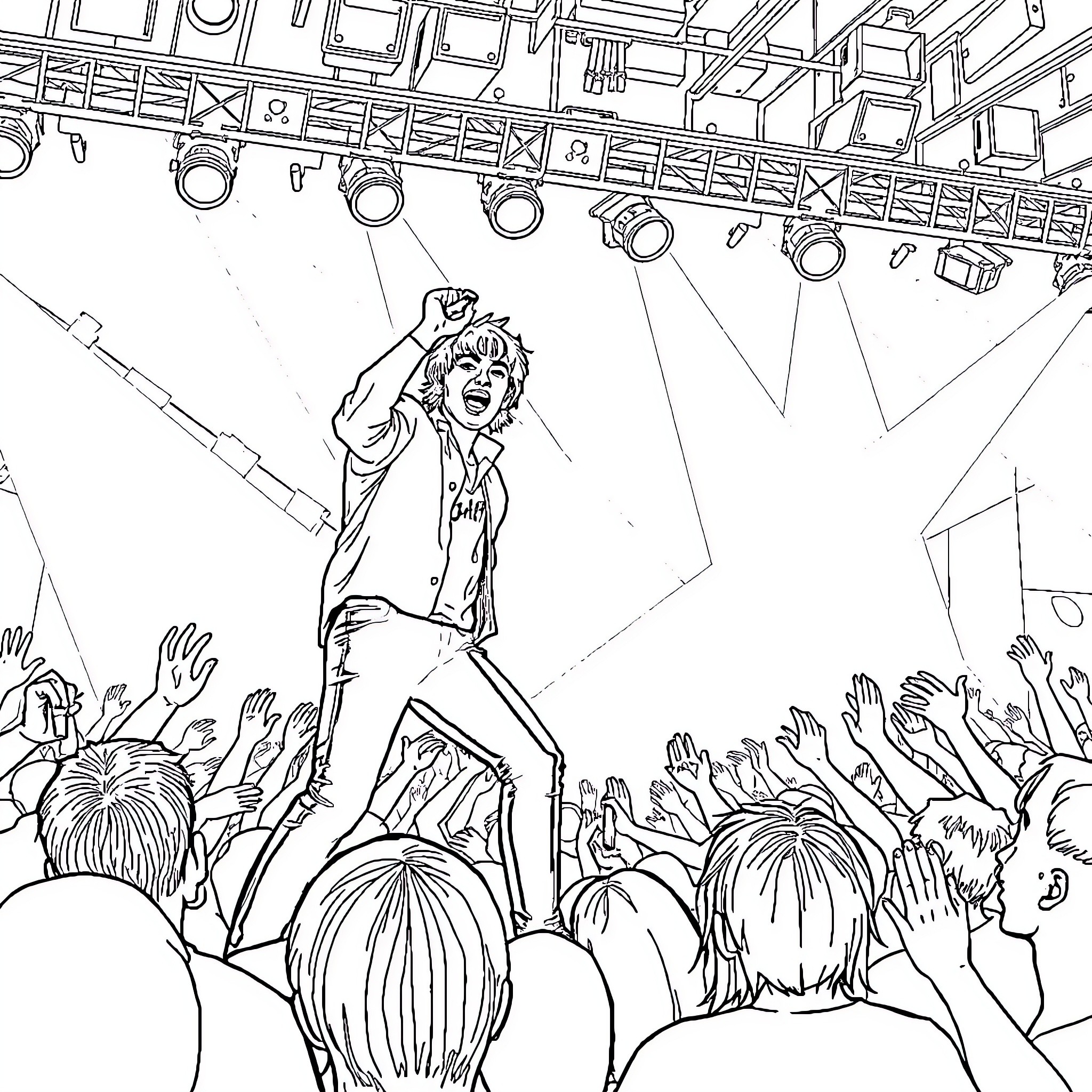 Luke Spiller Performing on Stage with Adoring Crowd Coloring Page (free black-and-white line drawing printable PDF for all, from beginners to advanced learners, including children, teens, adults, and seniors)