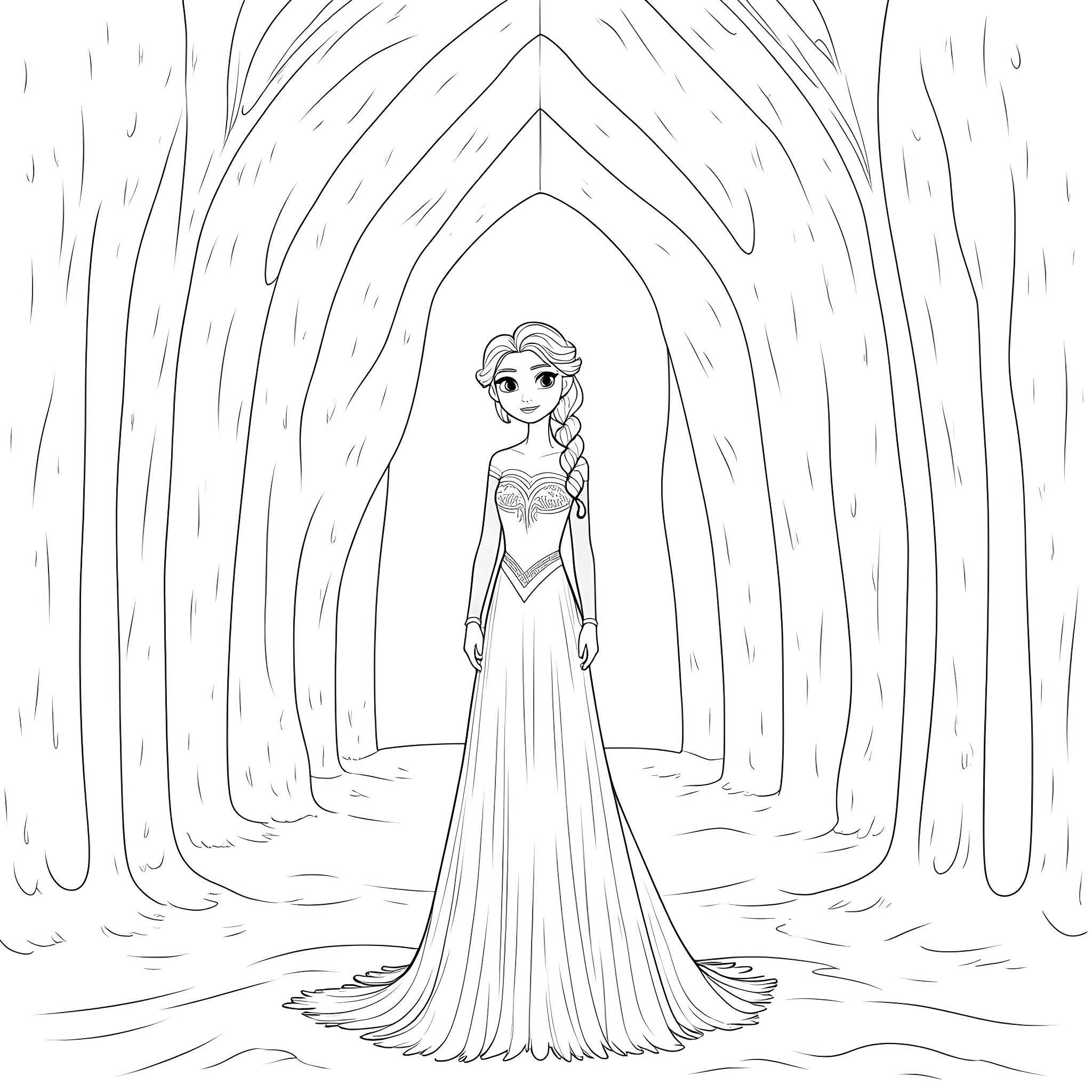 Elsa in a majestic icy castle Coloring Page (free black-and-white line drawing printable PDF for all, from beginners to advanced learners, including children, teens, adults, and seniors)