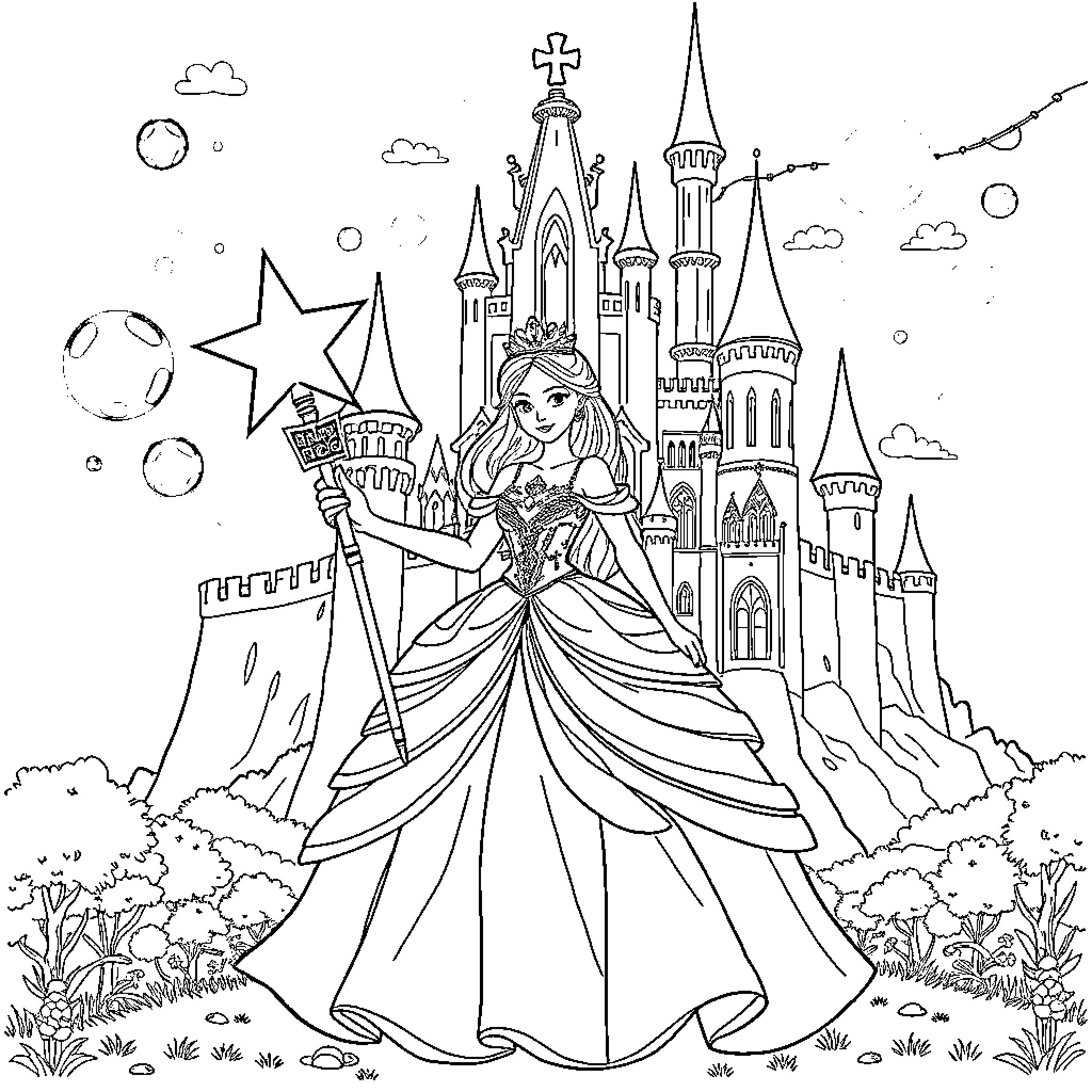 Princess Exploring the Magical Castle Coloring Page (free black-and-white line drawing printable PDF for all, from beginners to advanced learners, including children, teens, adults, and seniors)