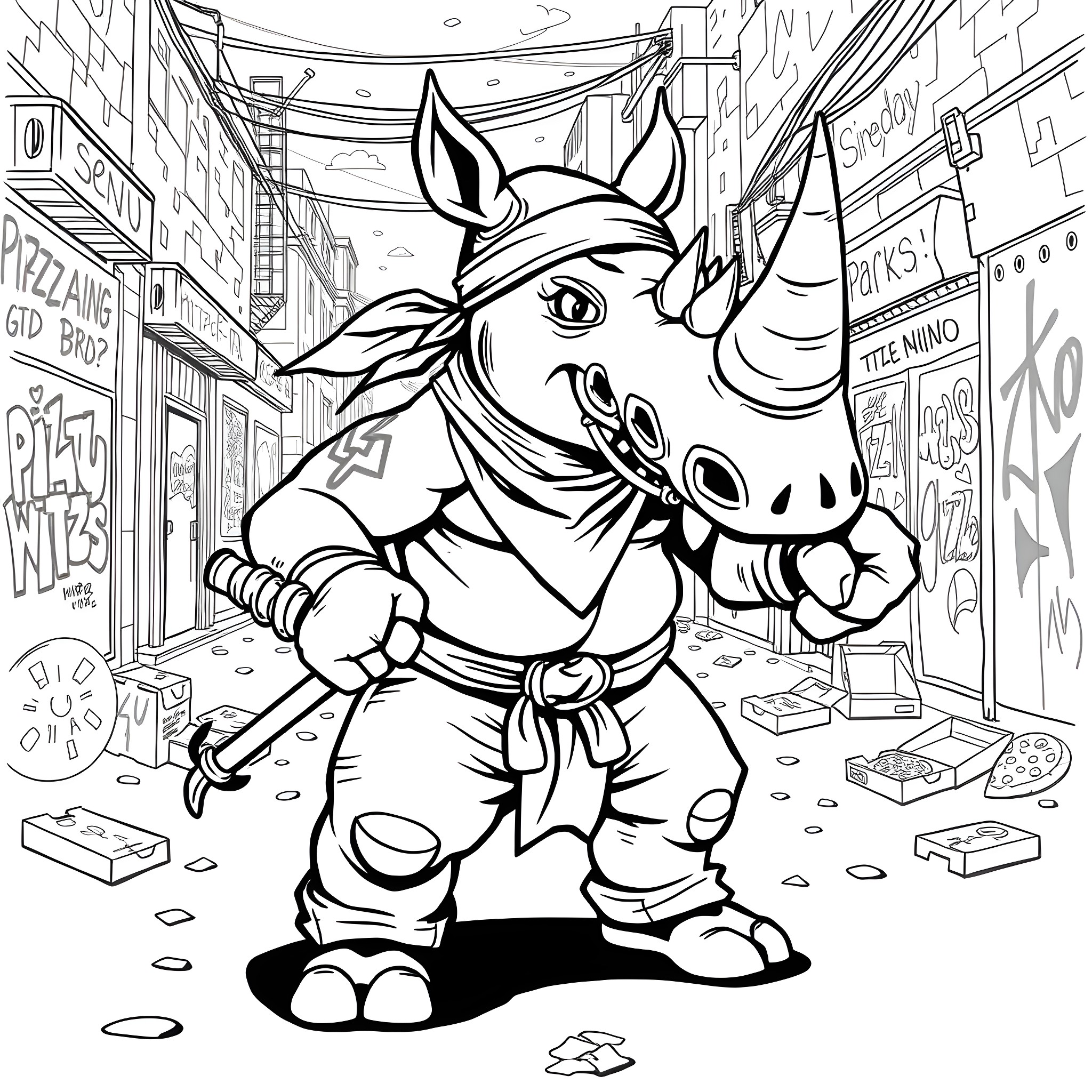 Rhino warrior battling in a city street Coloring Page (free black-and-white line drawing printable PDF for all, from beginners to advanced learners, including children, teens, adults, and seniors)