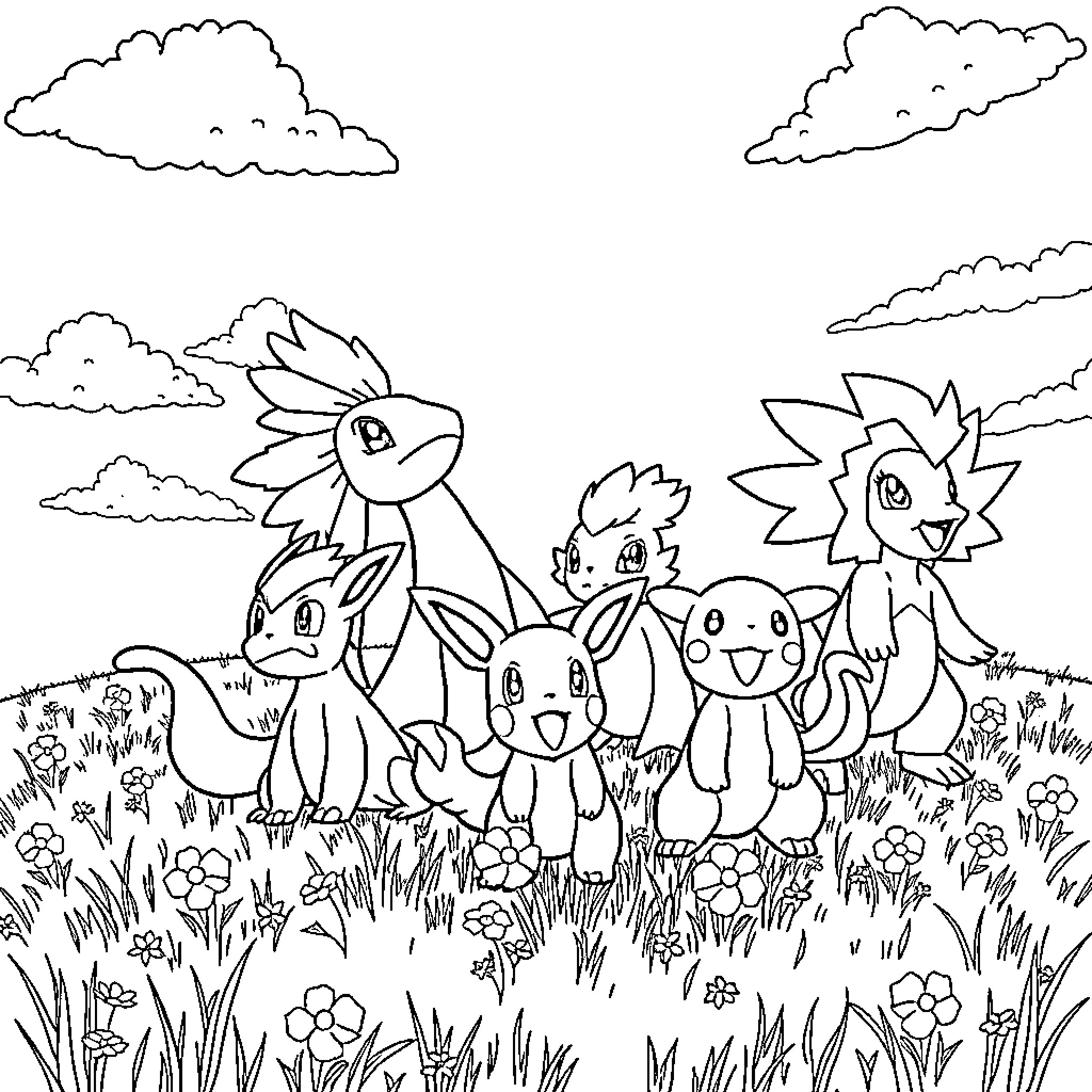 Pokémon characters frolicking in a grassy field Coloring Page (free black-and-white line drawing printable PDF for all, from beginners to advanced learners, including children, teens, adults, and seniors)