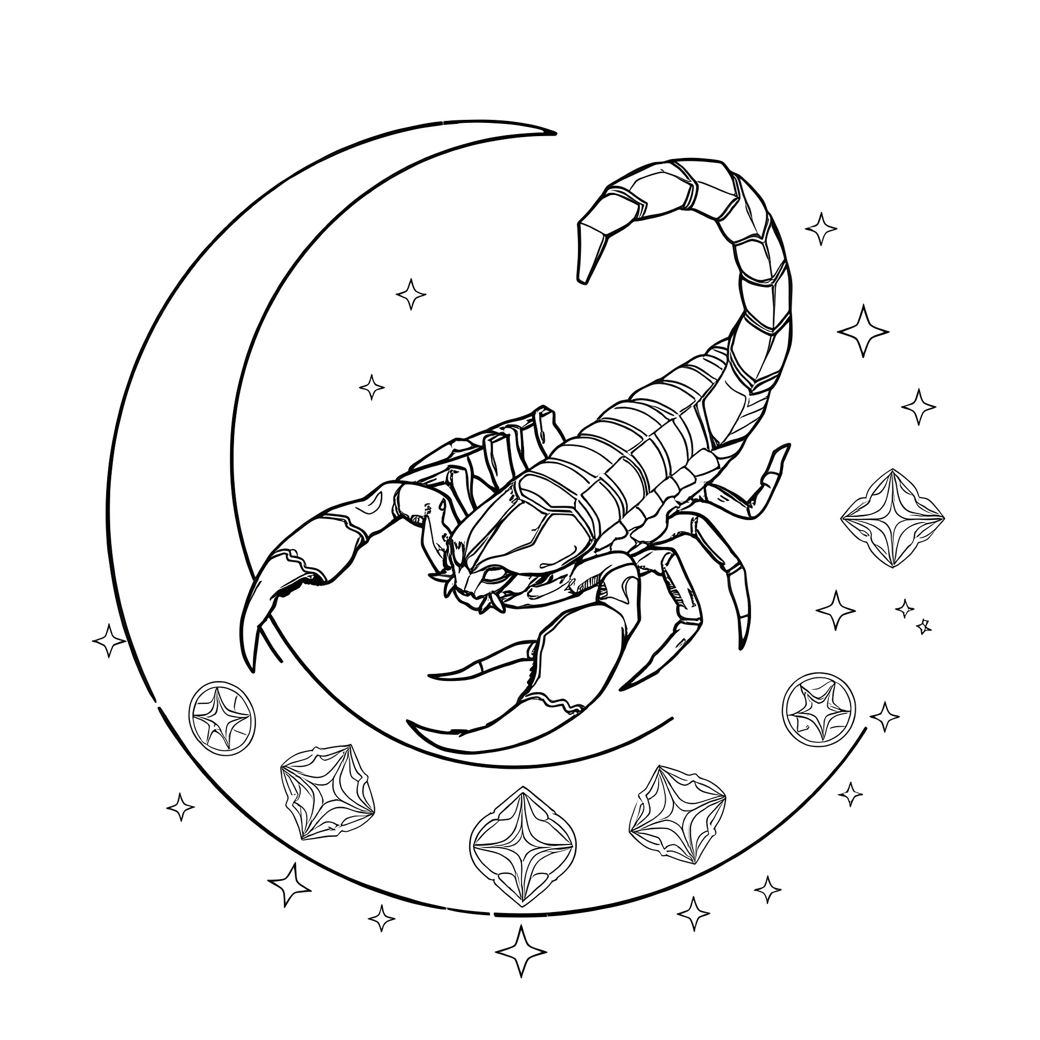 Scorpio with celestial elements in the night sky Coloring Page (free black-and-white line drawing printable PDF for all, from beginners to advanced learners, including children, teens, adults, and seniors)