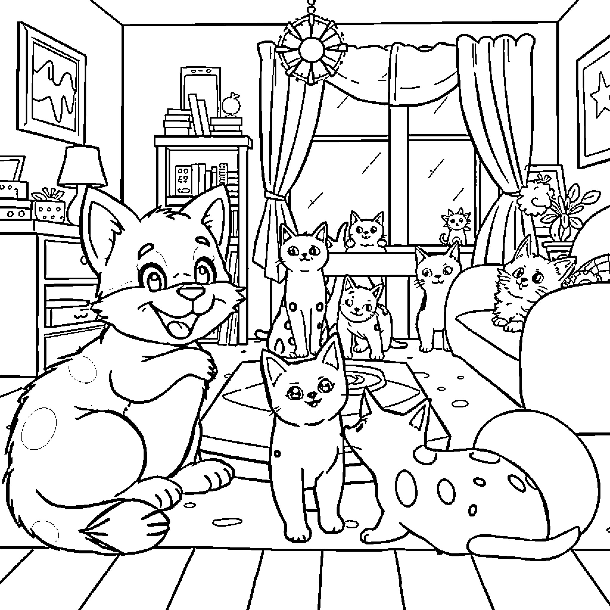 Bluey and Friends Enjoying a Cozy Home Coloring Page (free black-and-white line drawing printable PDF for all, from beginners to advanced learners, including children, teens, adults, and seniors)
