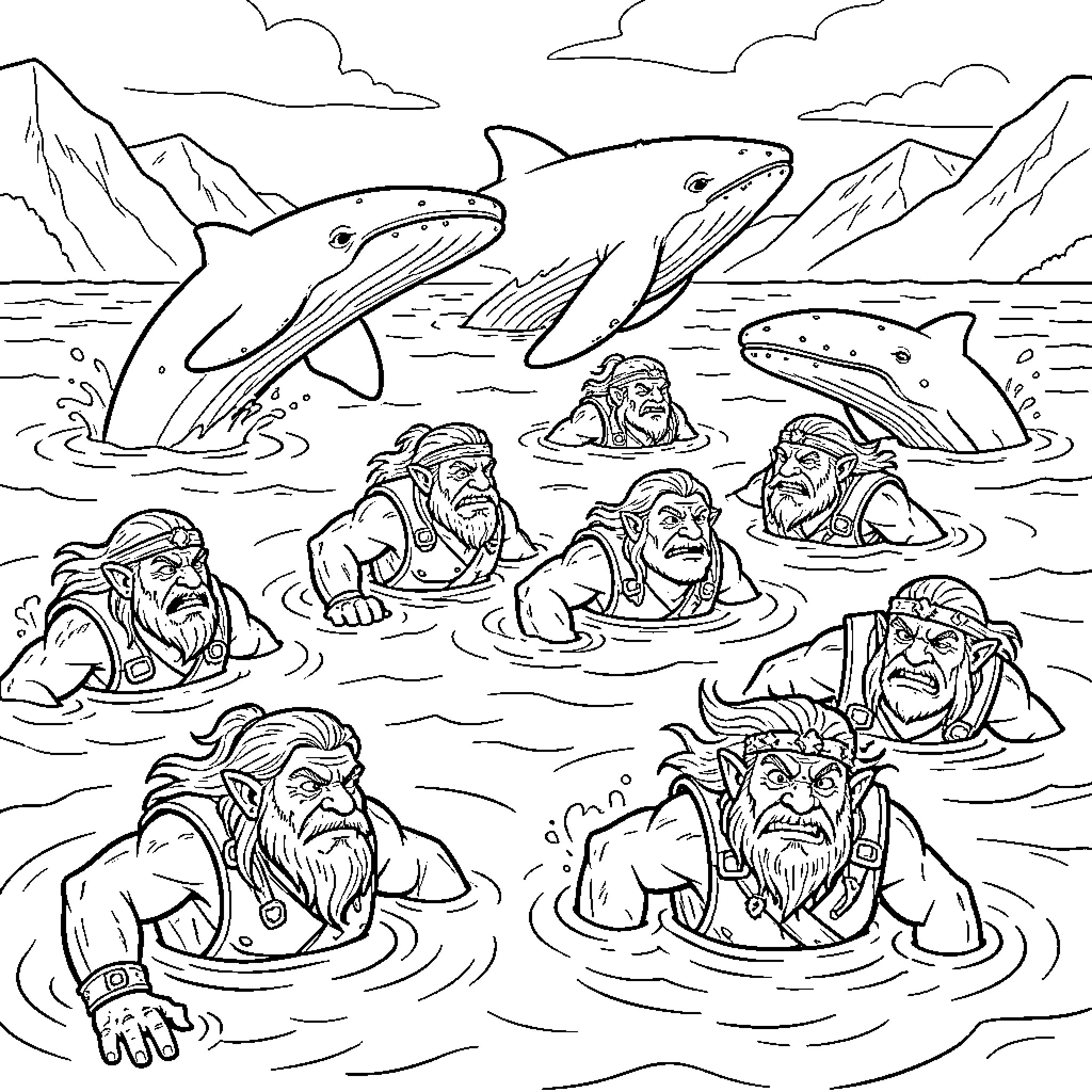 Orca swimming among several tough viking warriors Coloring Page (free black-and-white line drawing printable PDF for all, from beginners to advanced learners, including children, teens, adults, and seniors)