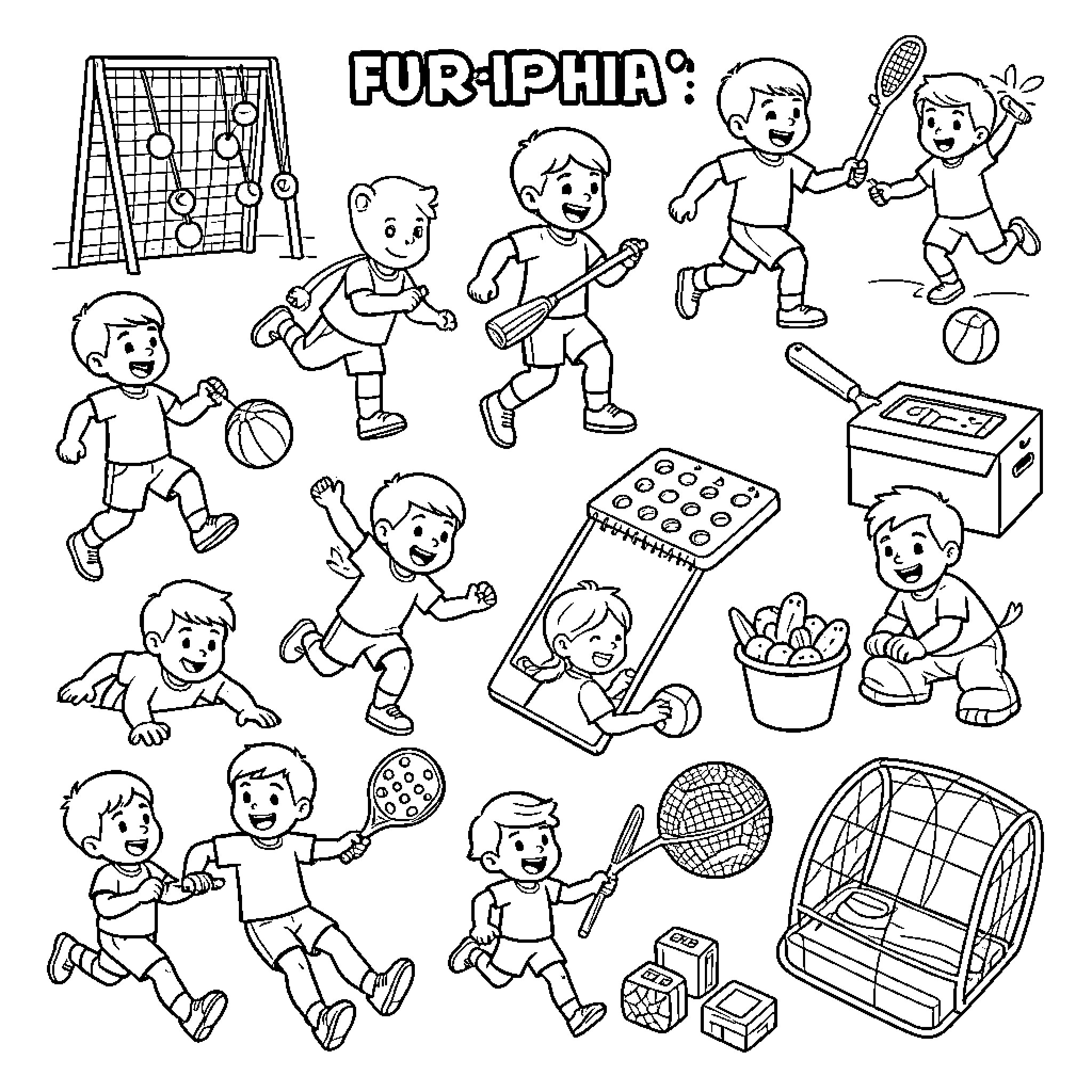 Activity of children playing various sports and games Coloring Page (free black-and-white line drawing printable PDF for all, from beginners to advanced learners, including children, teens, adults, and seniors)