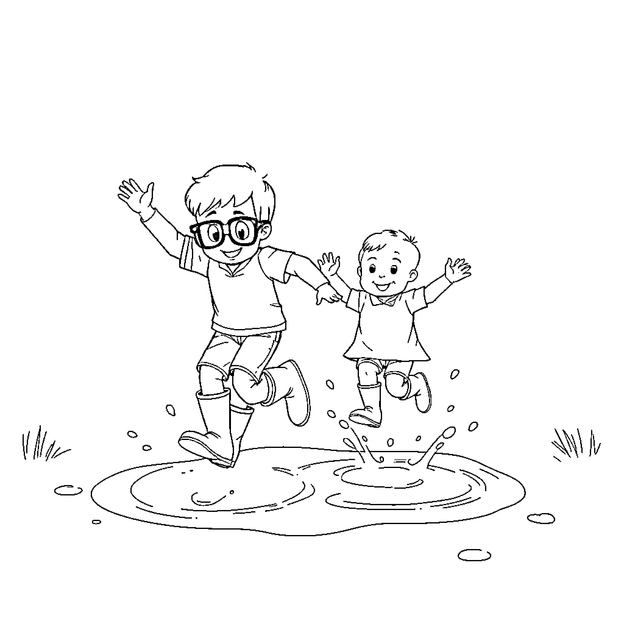 Boy jumping with joy in puddles Coloring Page (free black-and-white line drawing printable PDF for all, from beginners to advanced learners, including children, teens, adults, and seniors)