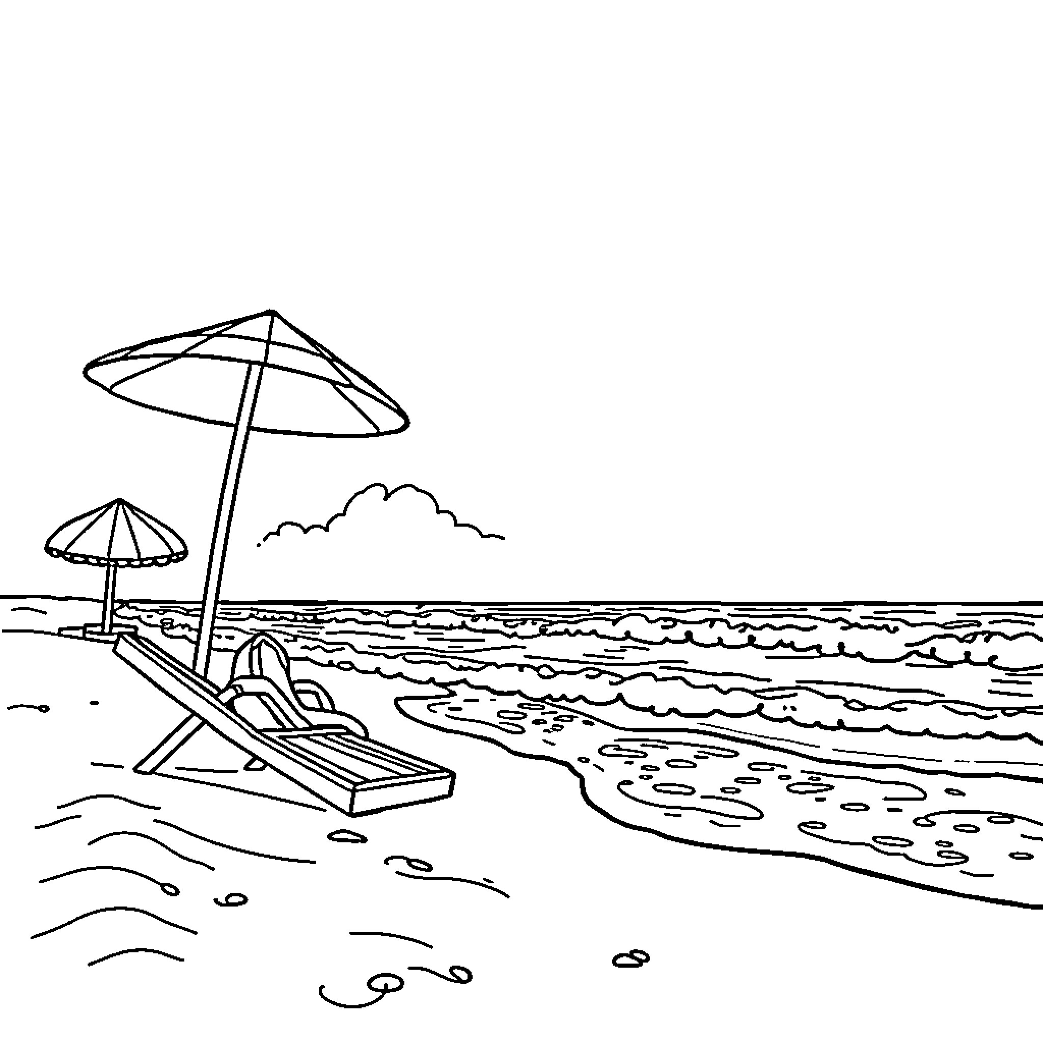 Beach scene with umbrellas and lounge chairs Coloring Page (free black-and-white line drawing printable PDF for all, from beginners to advanced learners, including children, teens, adults, and seniors)