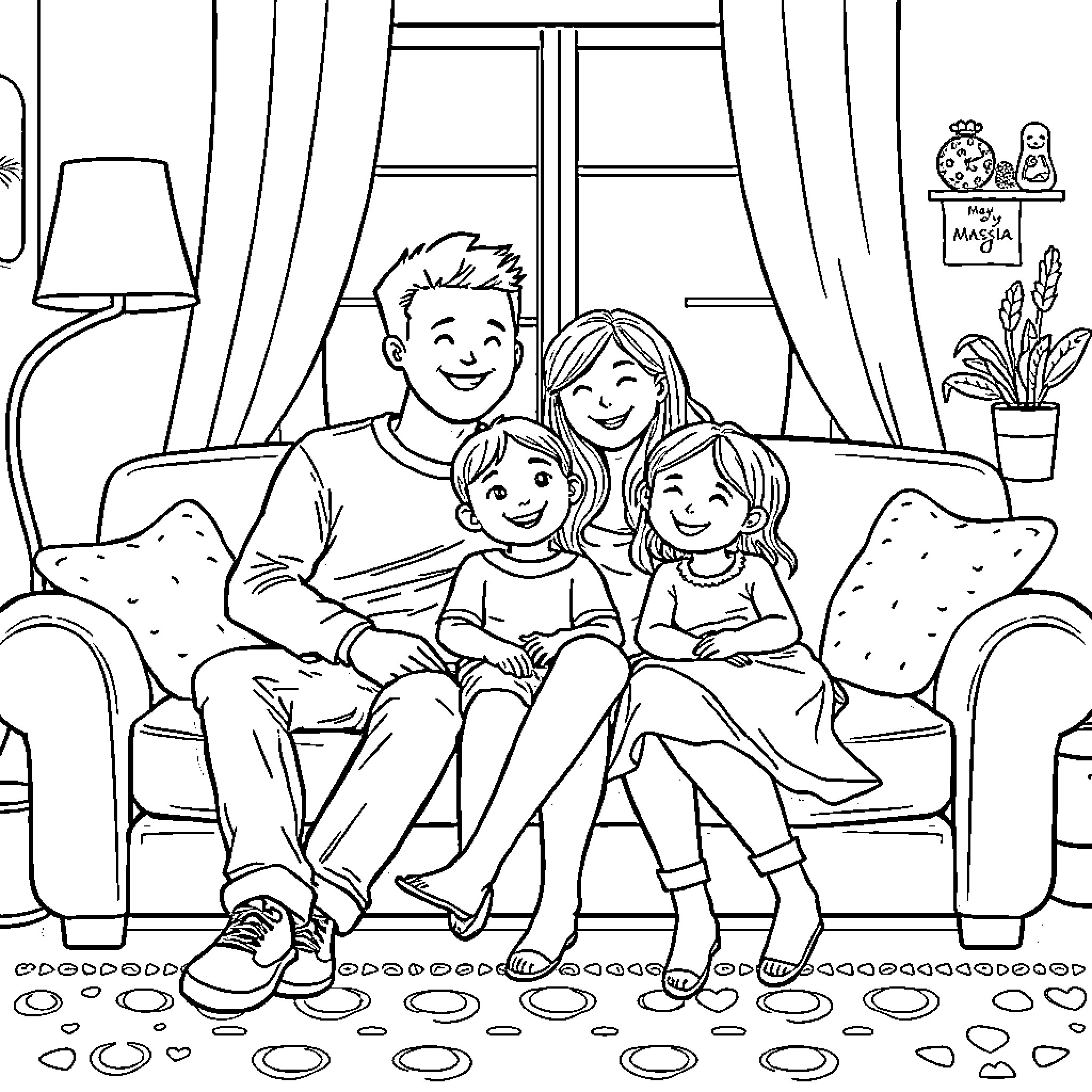 Family Enjoying Quality Time Together at Home Coloring Page (free black-and-white line drawing printable PDF for all, from beginners to advanced learners, including children, teens, adults, and seniors)