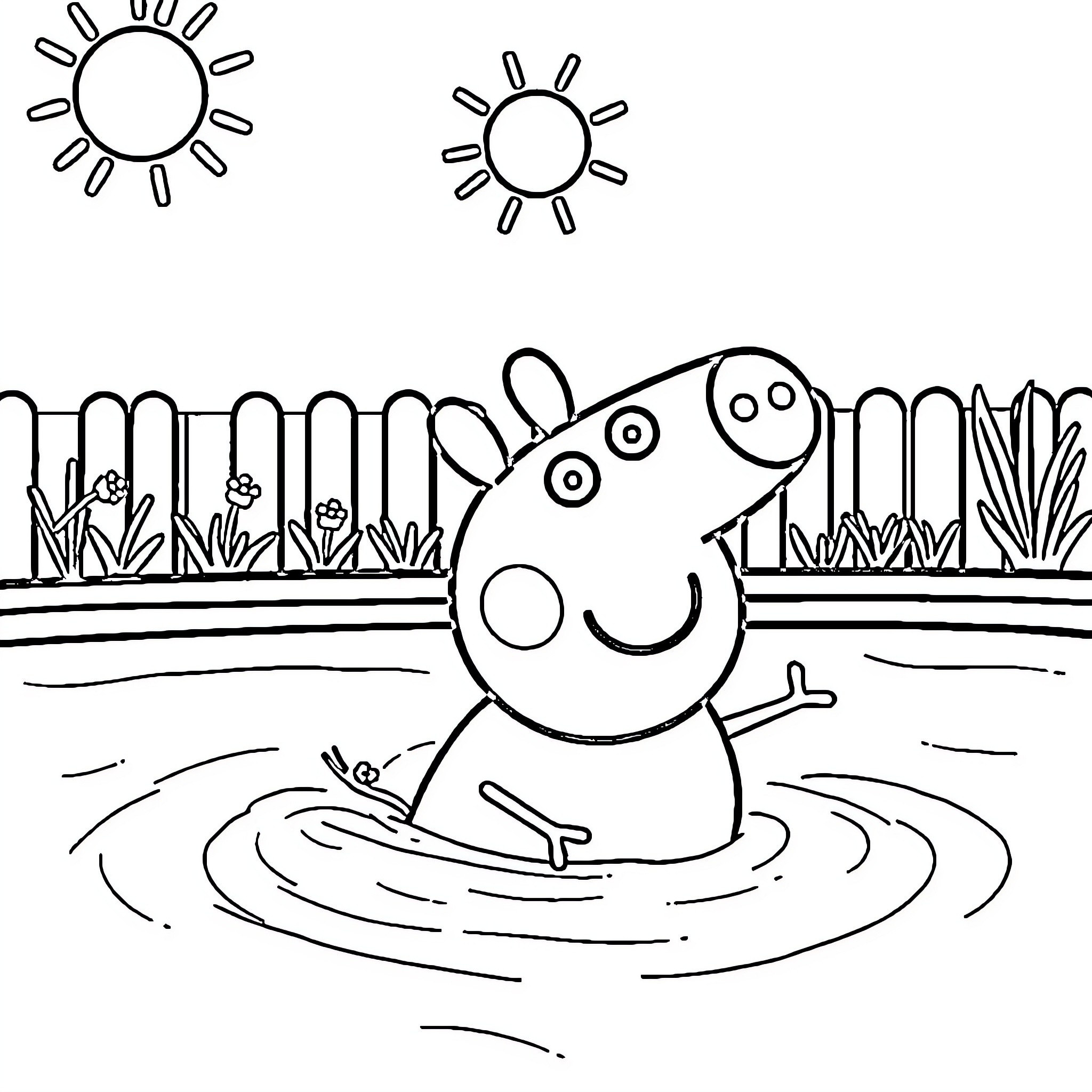 Peppa Pig playing happily in the pond Coloring Page (free black-and-white line drawing printable PDF for all, from beginners to advanced learners, including children, teens, adults, and seniors)
