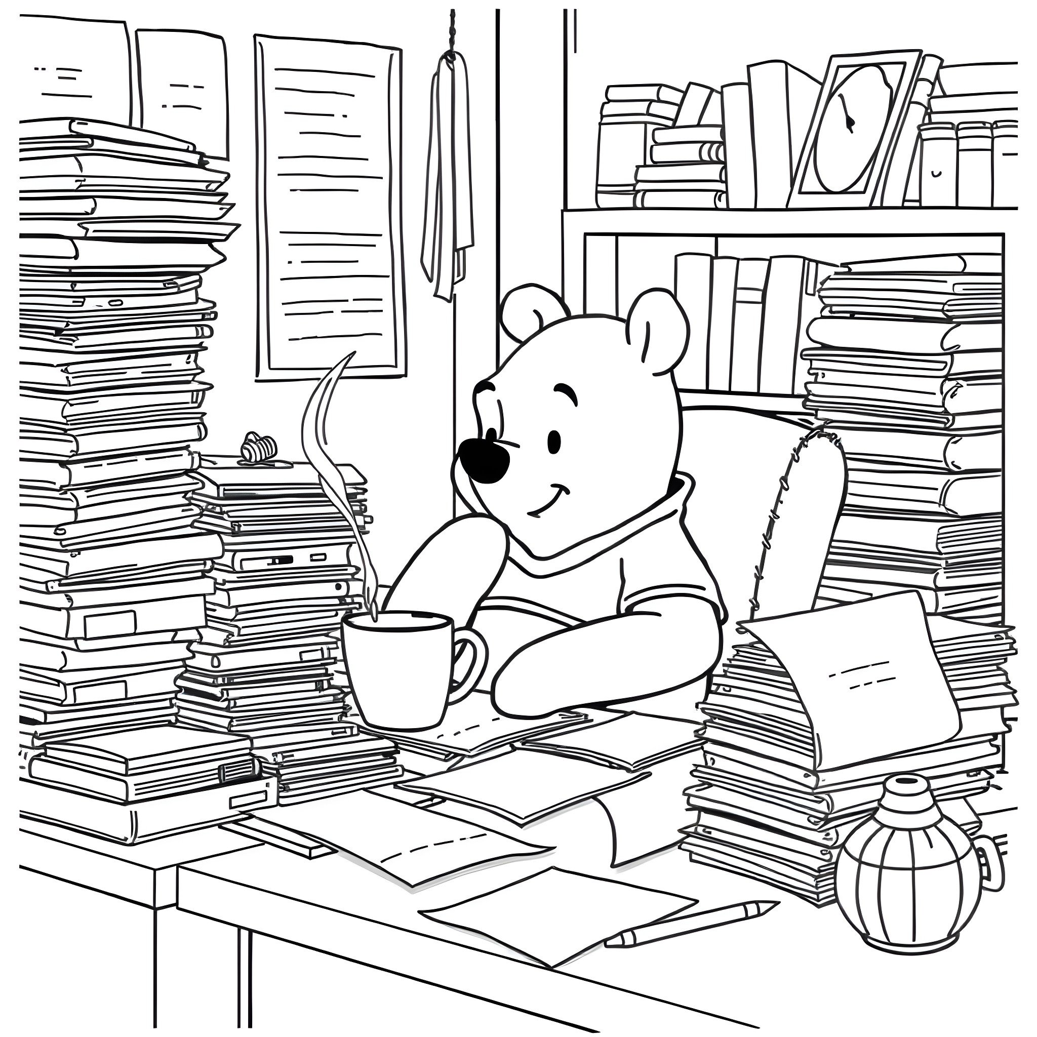 Winnie The Pooh studying in a cozy library Coloring Page (free black-and-white line drawing printable PDF for all, from beginners to advanced learners, including children, teens, adults, and seniors)