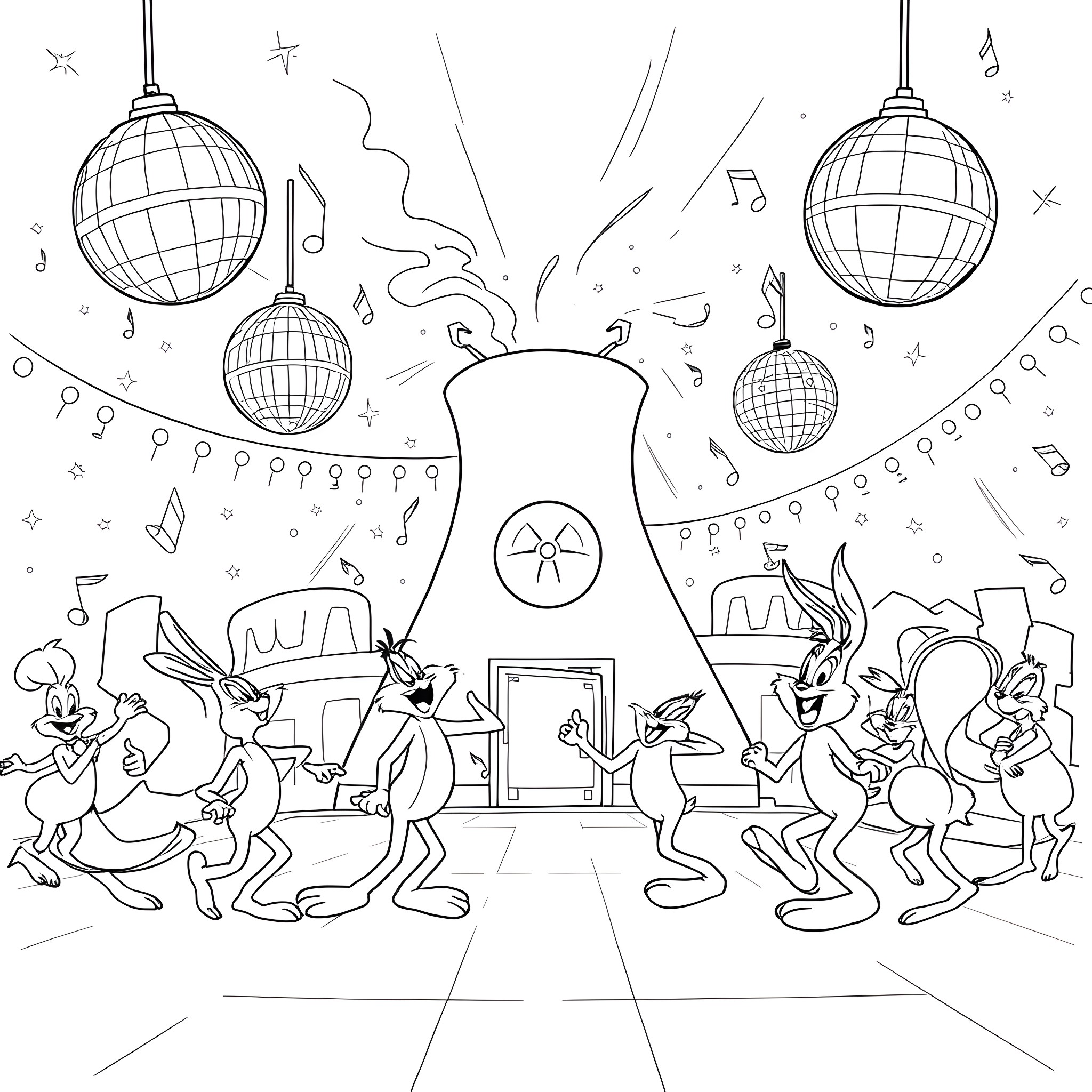 Nuclear Powerplant Cartoon Characters Celebrating Coloring Page (free black-and-white line drawing printable PDF for all, from beginners to advanced learners, including children, teens, adults, and seniors)