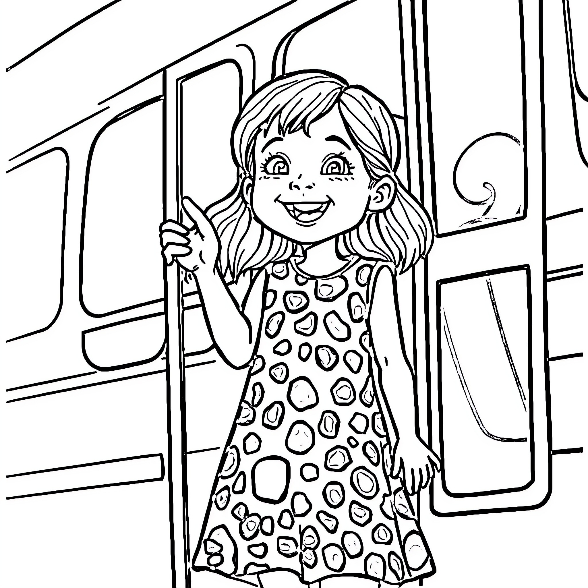 Child happily riding on a train Coloring Page (free black-and-white line drawing printable PDF for all, from beginners to advanced learners, including children, teens, adults, and seniors)